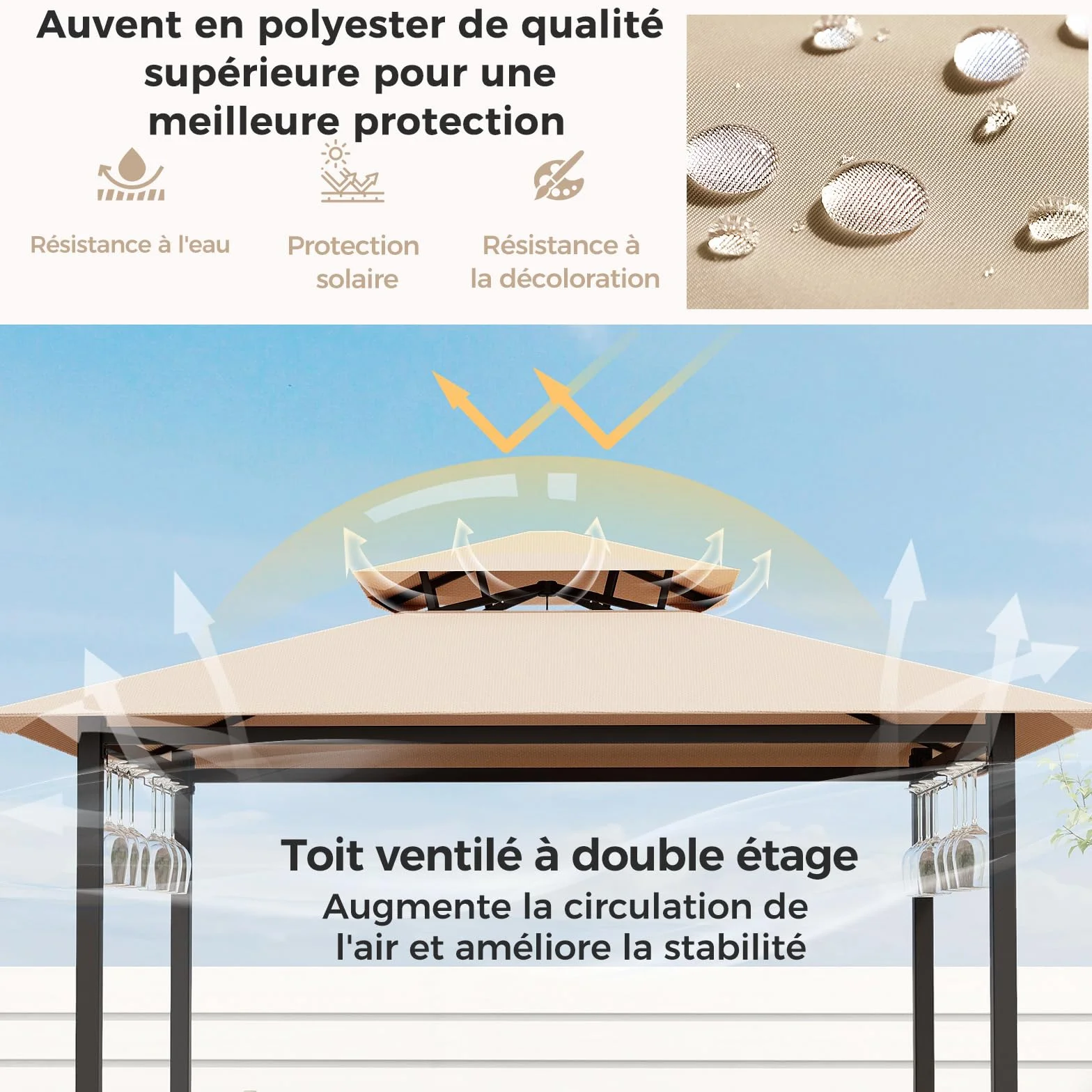 GOPLUS Abri Barbecue avec Bar d'Extérieur, Table de Bar en Verre Trempé, 2 Tabourets, 194 x 121 x 242 cm