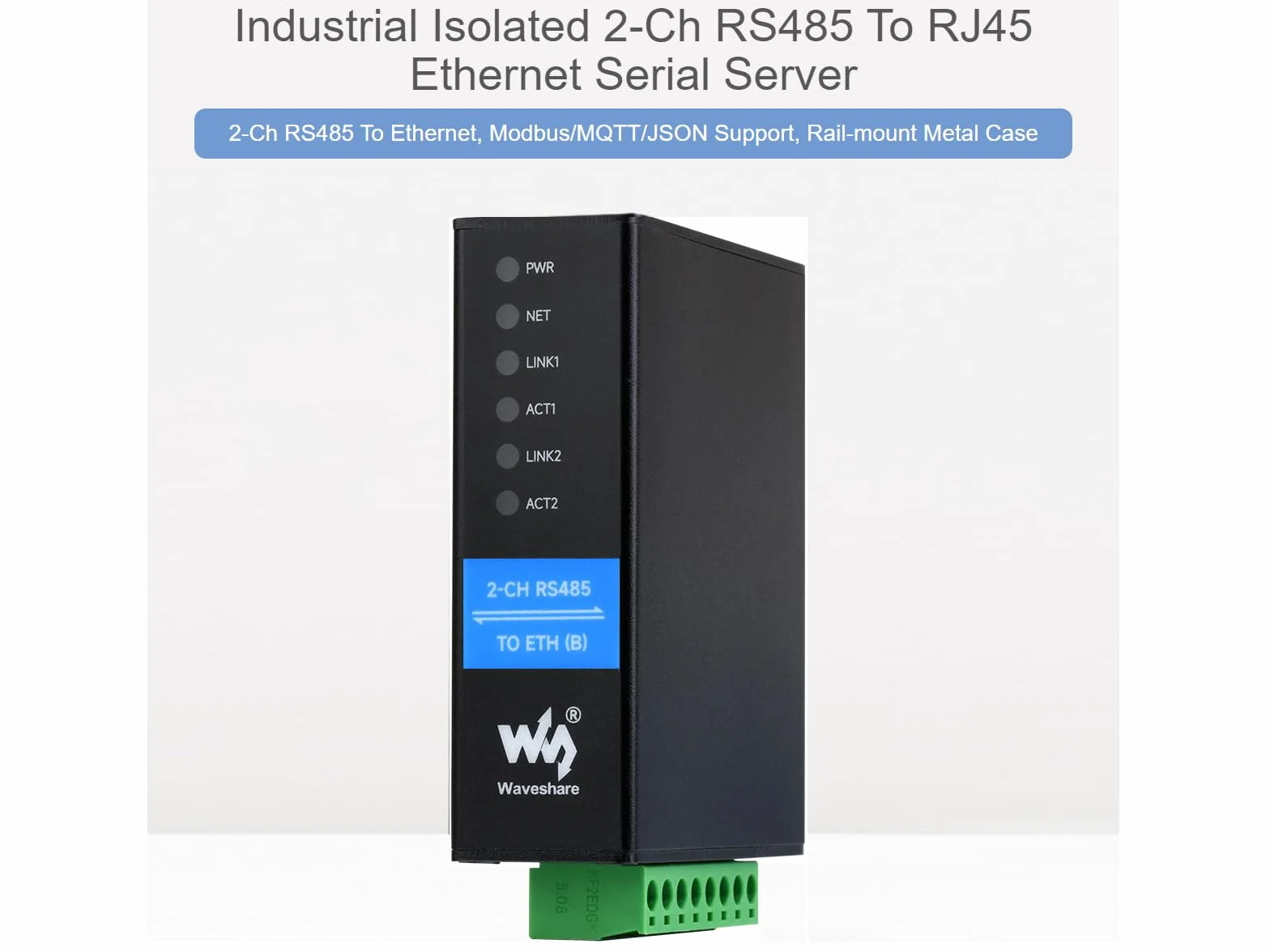 Waveshare 2-CH RS485 to RJ45 Ethernet Converter Module Industrial Rail-Mount Isolated Serial Server Dual Channels
