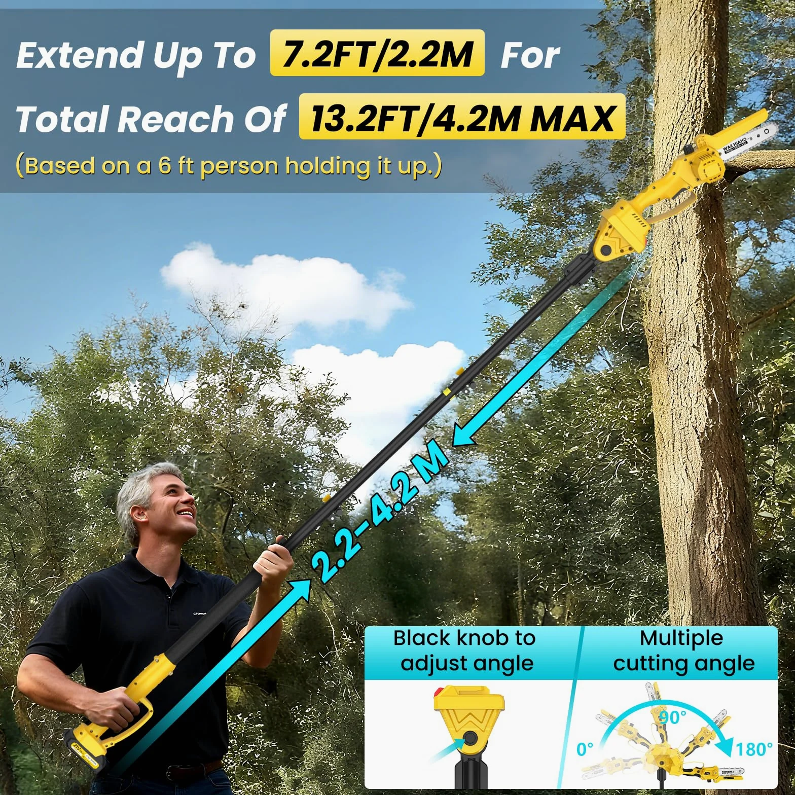 2 en 1 Tronçonneuse à Batterie avec Perche Télescopique, Mini Tronconneuse 6 Pouces avec 2.2M Perche, Extensible jusqu'à 4,2 M, 1000 W Tronconneuse Electrique avec 2 batteries pour Élagage des Arbres
