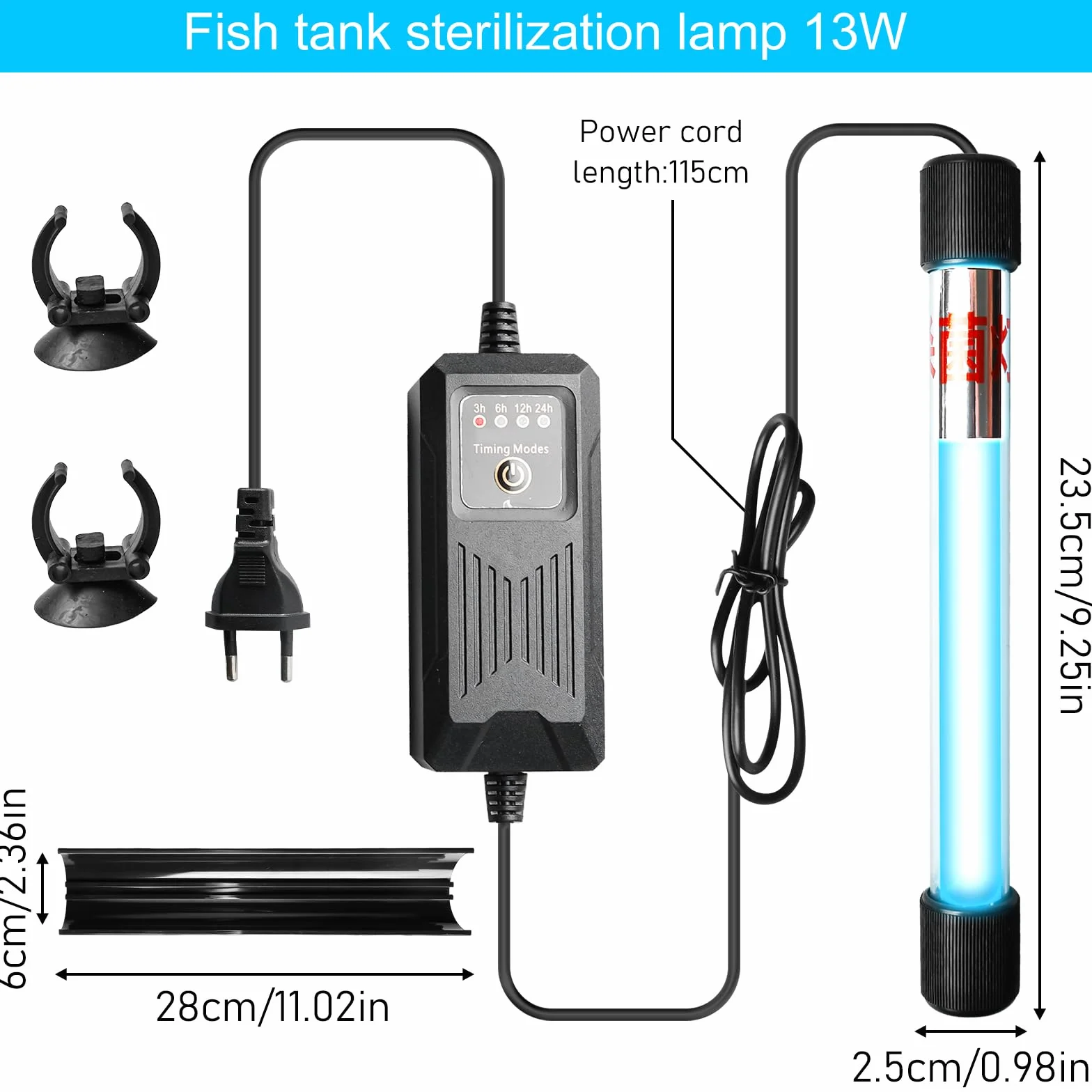 Lampe stérilisateur UV pour aquarium avec minuteur 13 W - Clarificateur d'eau UV contre les algues et les bactéries - Lumière UV pour bassin filtrant, étang, piscine, aquariums - Lampe de