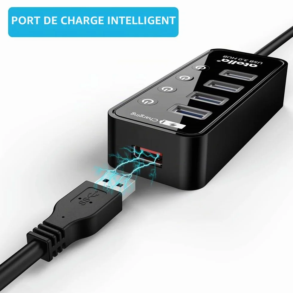 Atolla Hub USB 3.0 4 Ports avec commutateurs Marche/arrêt et Adaptateur d'alimentation