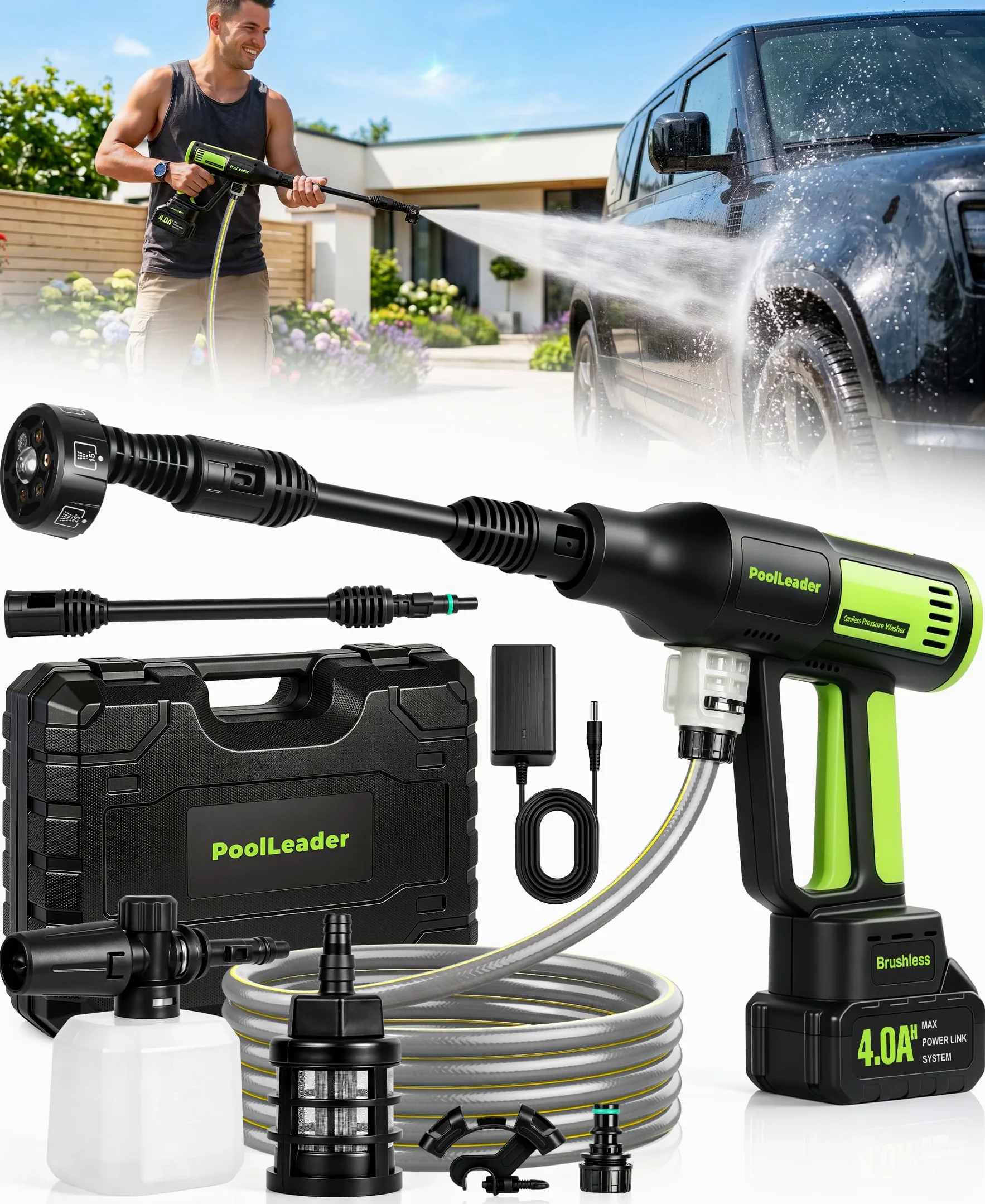 Nettoyeur Haute Pression Batterie, sans Balais Nettoyeur Haute Pression | 50Bar Portable Nettoyeur Haute Pression avec Réglage la Puissance à 4 Niveaux & Écran LCD,6-en-1 Buse Pistolet Haute Pression