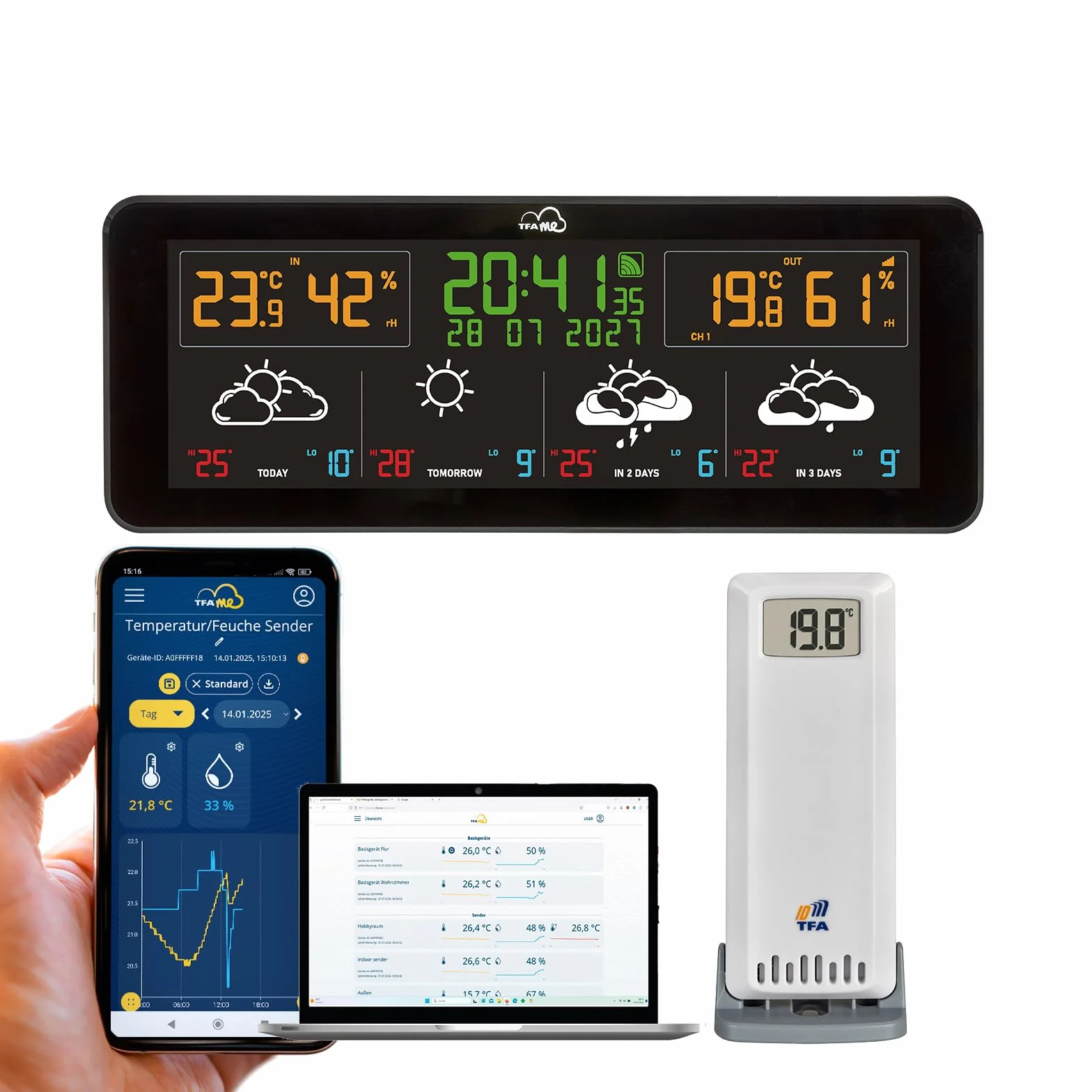 TFA Dostmann Station météo sans fil TFA.me ID-07, 35.8107, prévisions météo professionnelles par wetter.com 4 jours, portail en ligne, capteur extérieur, valeurs max-min, fonction d'alerte, noir