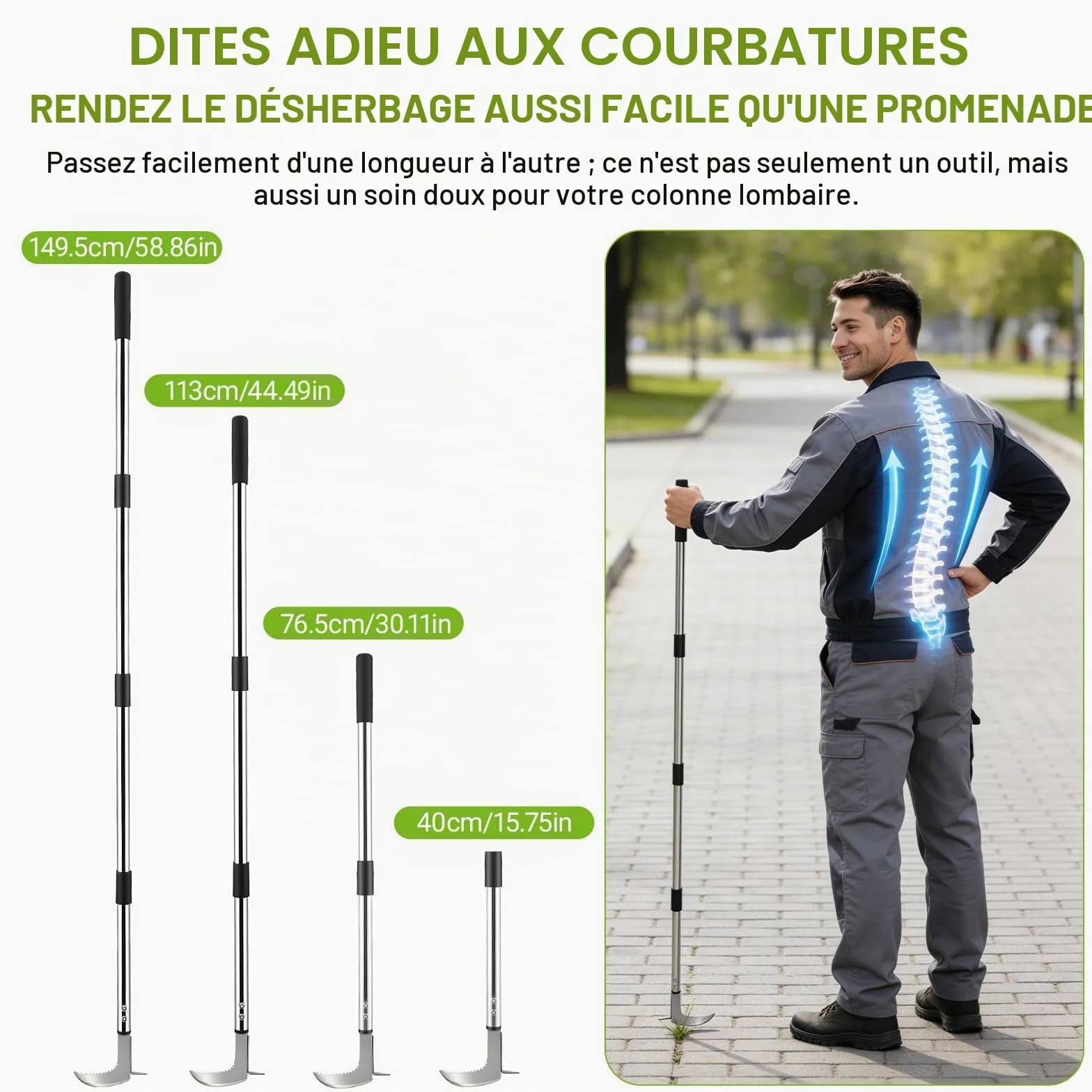 Outil de Désherbage avec Long Manche, 60-160 cm Désherbeur à Manche Long Réglables avec Bord Dentelé, Couteau Désherbeur Manuel en Acier Inoxydable pour Enlever la Mousse et Les Mauvaises Herbes