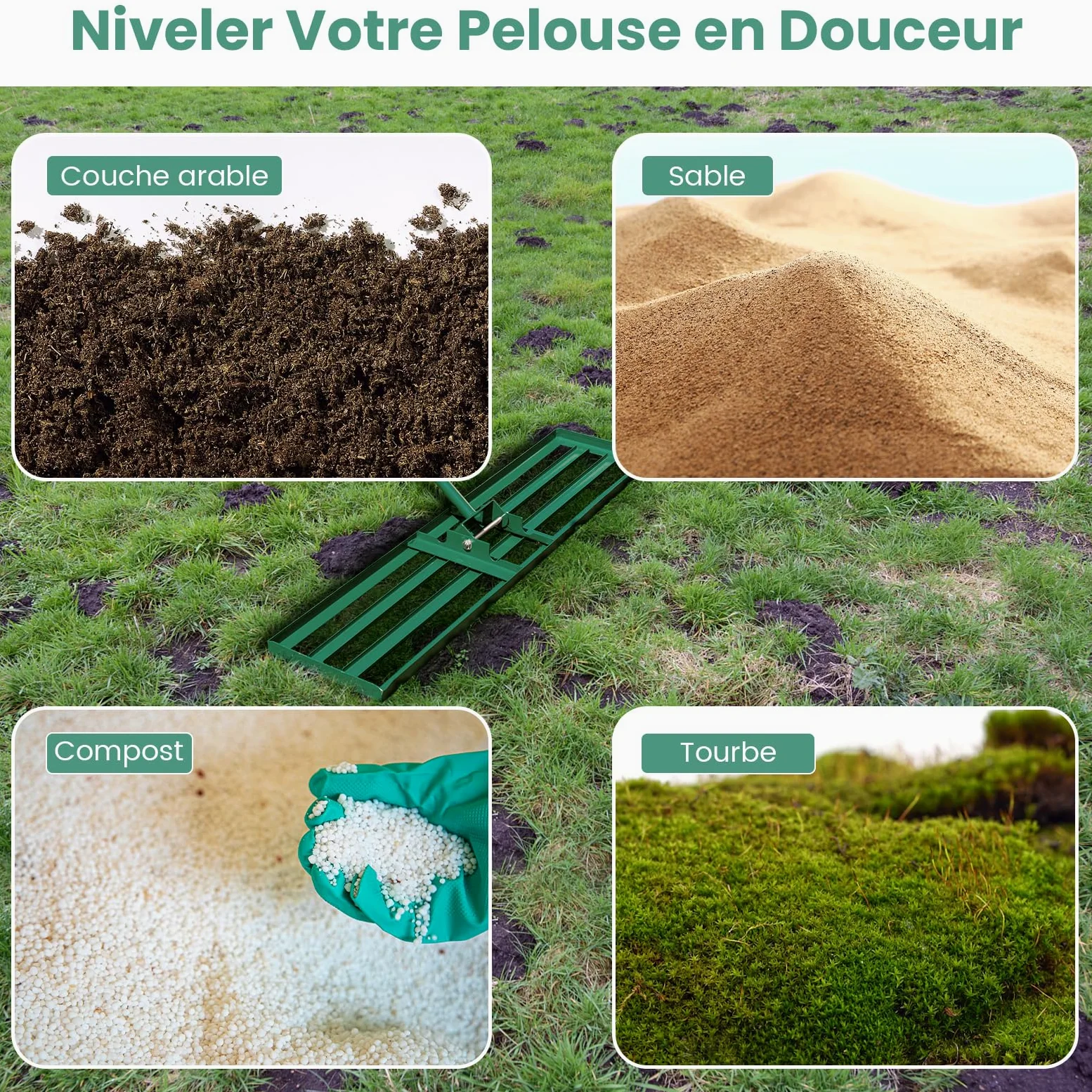 COSTWAY Râteau de Nivellement de Pelouse en Métal 91 x 25 cm, Vert | Râteau de Jardin avec Poignée de 170 cm, Outil de Niveau de Pelouse pour Jardin CourTerrain de Golf Ferme