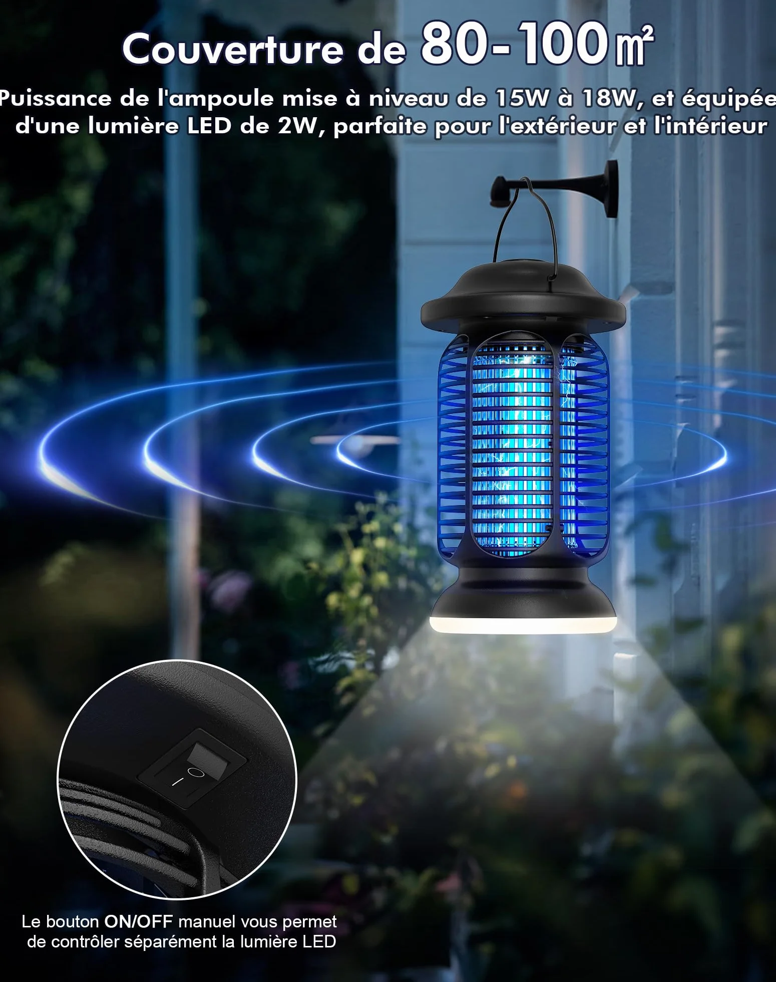 Lampe Anti Moustique 4000V Tue Mouche Électrique 20W UV IPX4 Étanche Piège à Insectes Extérieur Intérieur