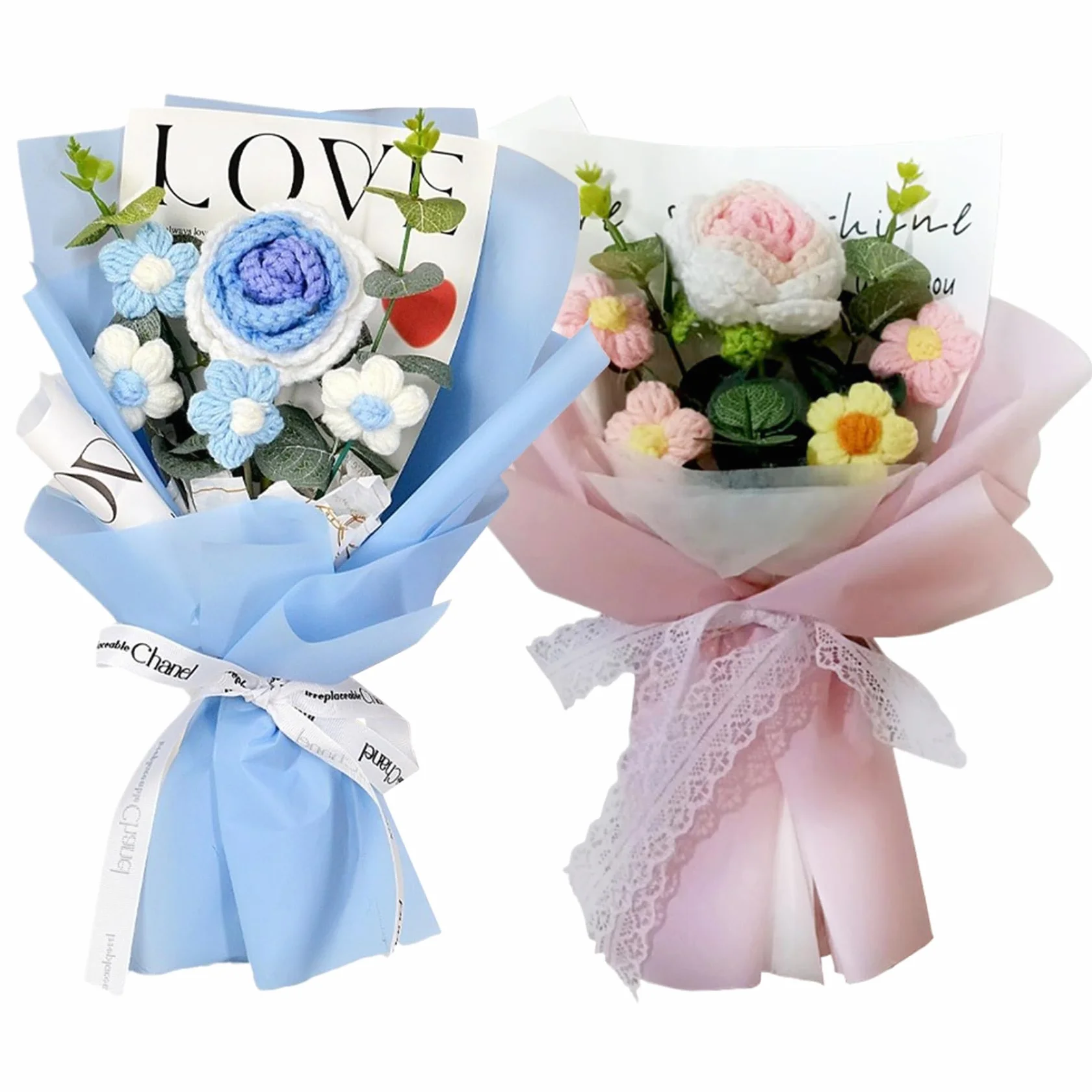 Bouquet de Fleurs au Crochet Roses 7.9x11.8" 5 Têtes Tricotées Mariage Bleu