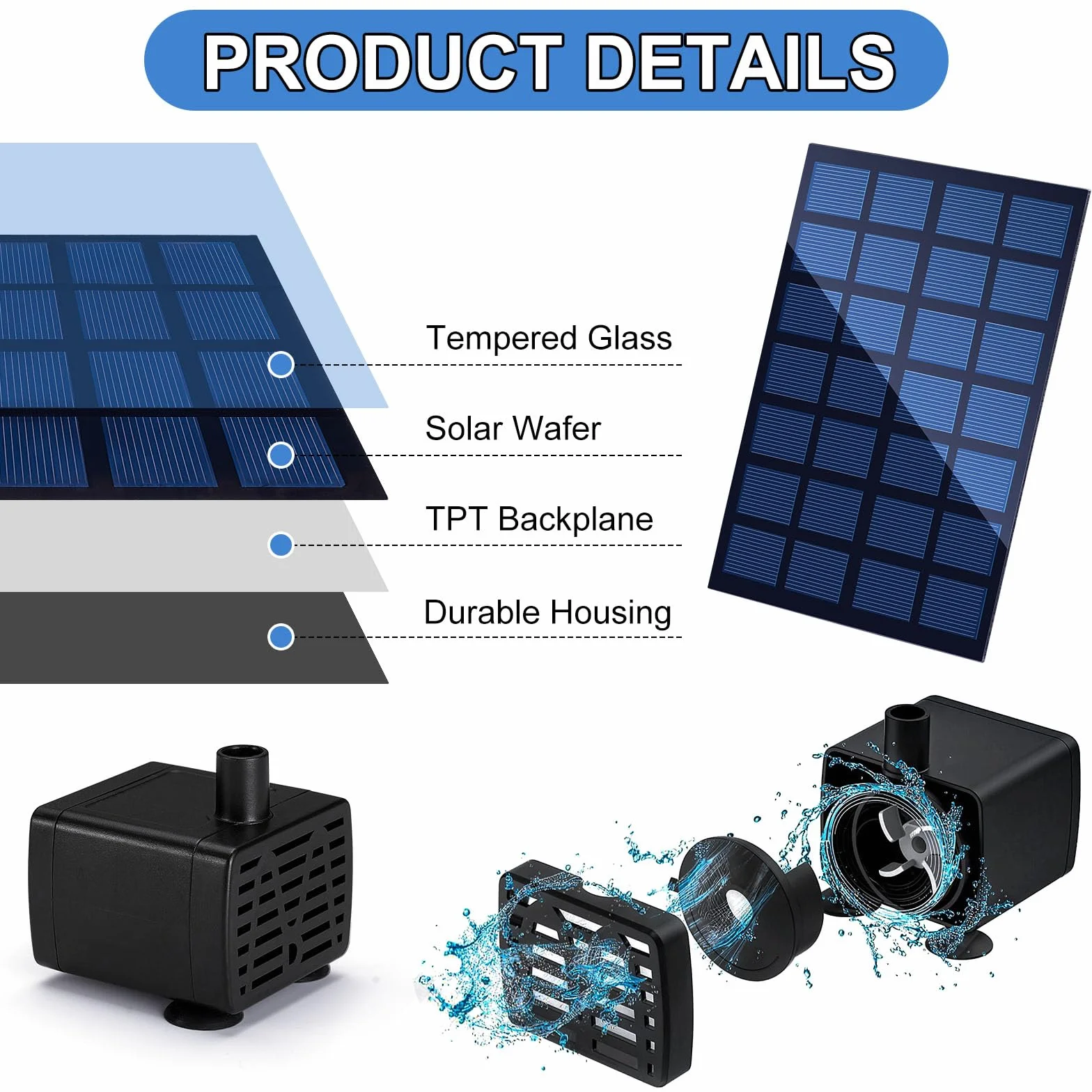 Pompe Solaire Bassin 2.5W Fontaine Solaire Extérieure Jardin 6 Buses 6 Modes