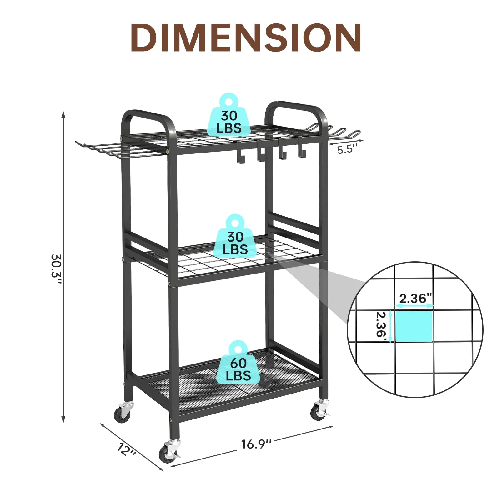 Hadulcet Organiseur d'outils de jardin, organisation et rangement de garage en métal avec roues verrouillables, porte-outils de jardin avec crochets de rangement, organiseur d'outils de cour robuste