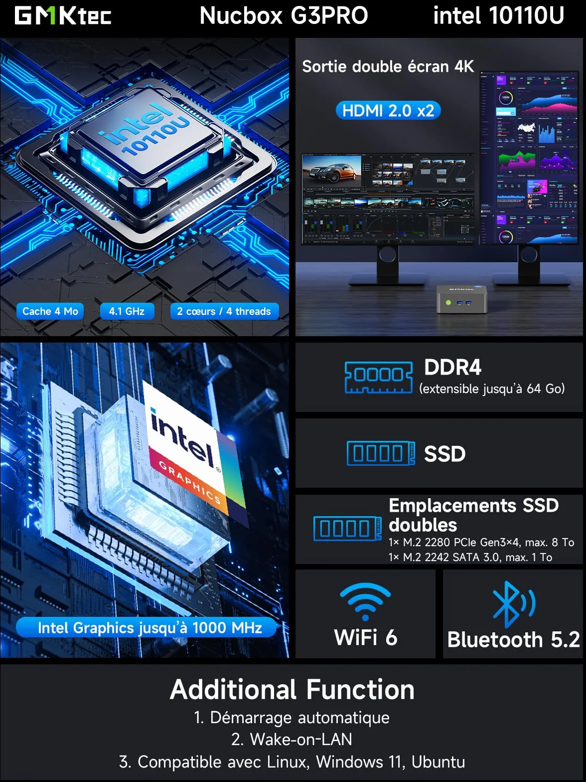 GMKtec Mini PC G3 Pro Intel Core i3-10110U 16 Go RAM DDR4 SSD PCIe 256 Go 2*HDMI 4K USB 3.2 WiFi 6 BT 5.2 2.5GbE LAN