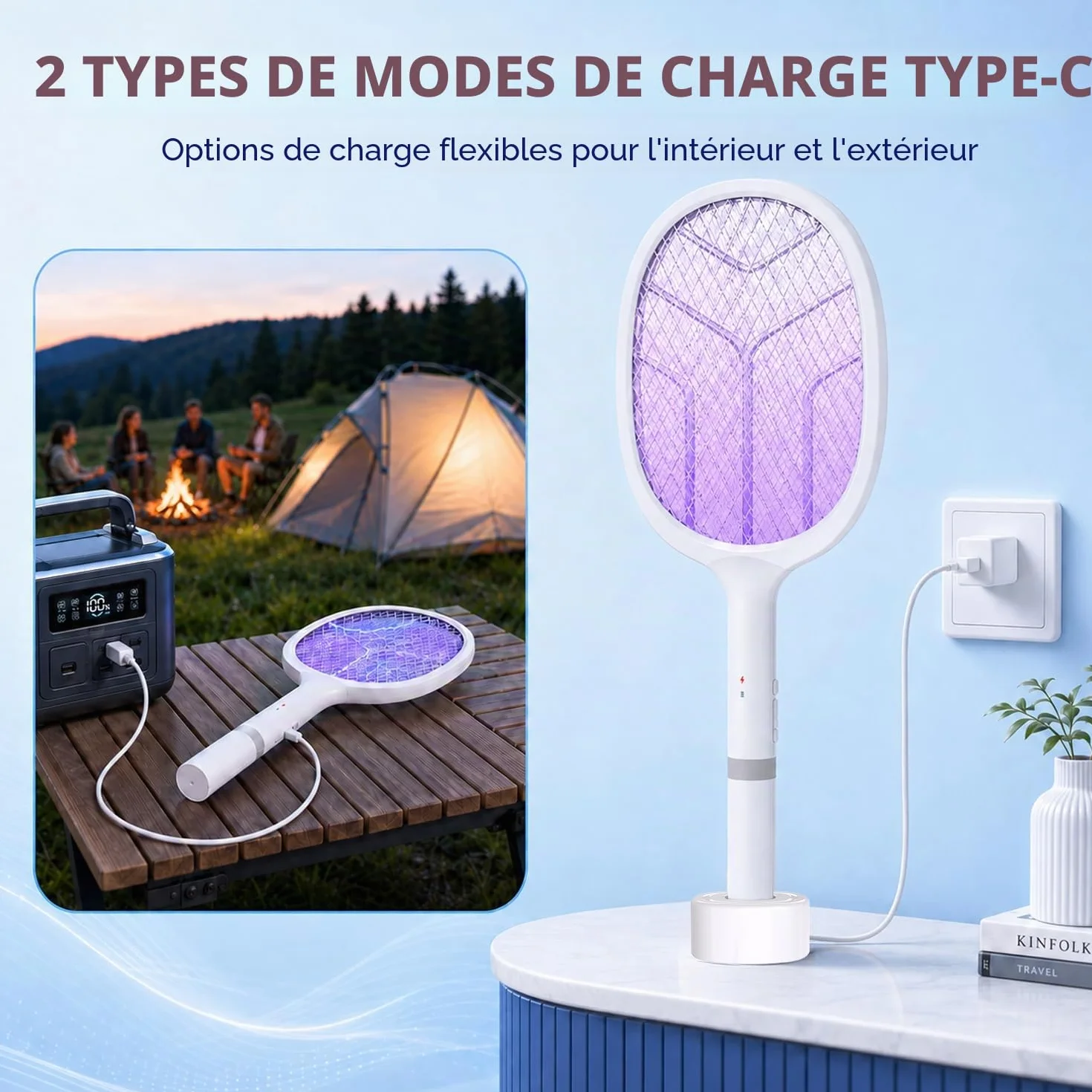Raquette Electrique Insectes 4800V Tapette Moustique avec Piège Lumière UV Rechargeable USB 2000mAh Blanc