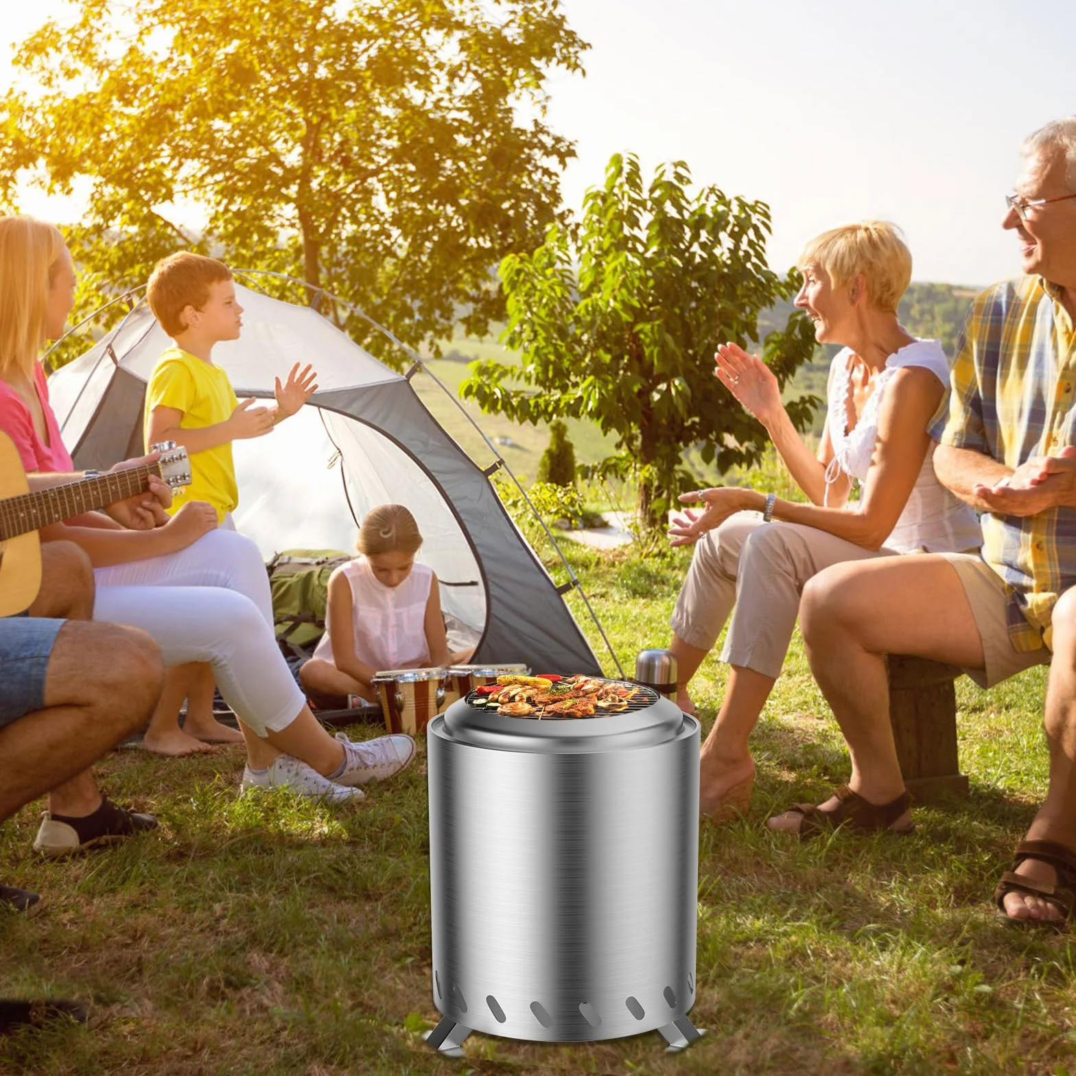 Brasero Exterieur de Jardin, Foyer sans fumée Acier Inoxydable 22x22x26cm Mini Corbeille à feu Tonneau de feu avec Pied et Sac de Rangement, Balcon Terrasse Jardin Déco, Idéal pour BBQ Pellets Bois