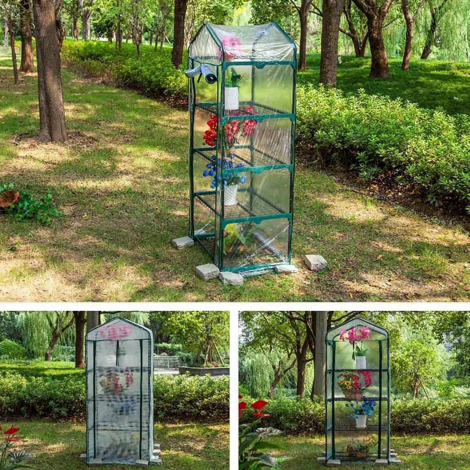 Serre à 4 étages avec design pop-up portable, couverture en PE/PVC, fenêtres et portes enroulables pour la croissance des plantes d'intérieur et d'extérieur