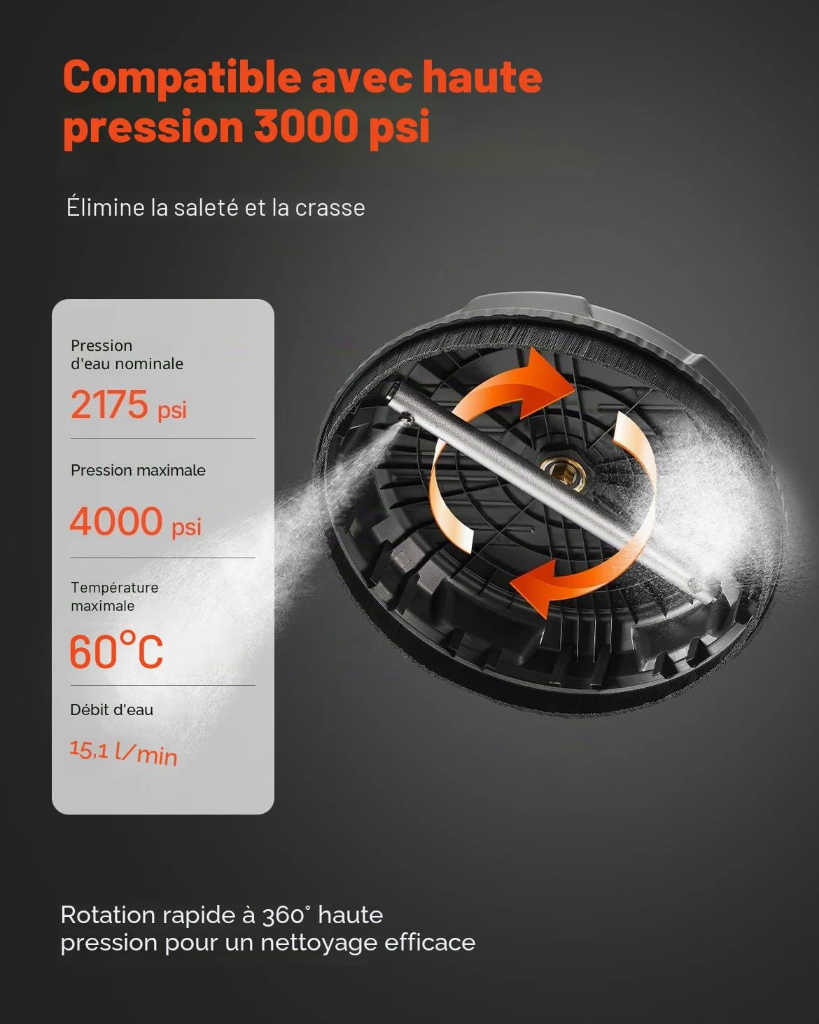VEVOR Nettoyeur de surface pour nettoyeur haute pression 385 mm, accessoire nettoyeur sol en plastique sur roues, 206 bar max. connecteur 0,635 cm 2 buses de pulvérisation 2 tiges extension pour béton
