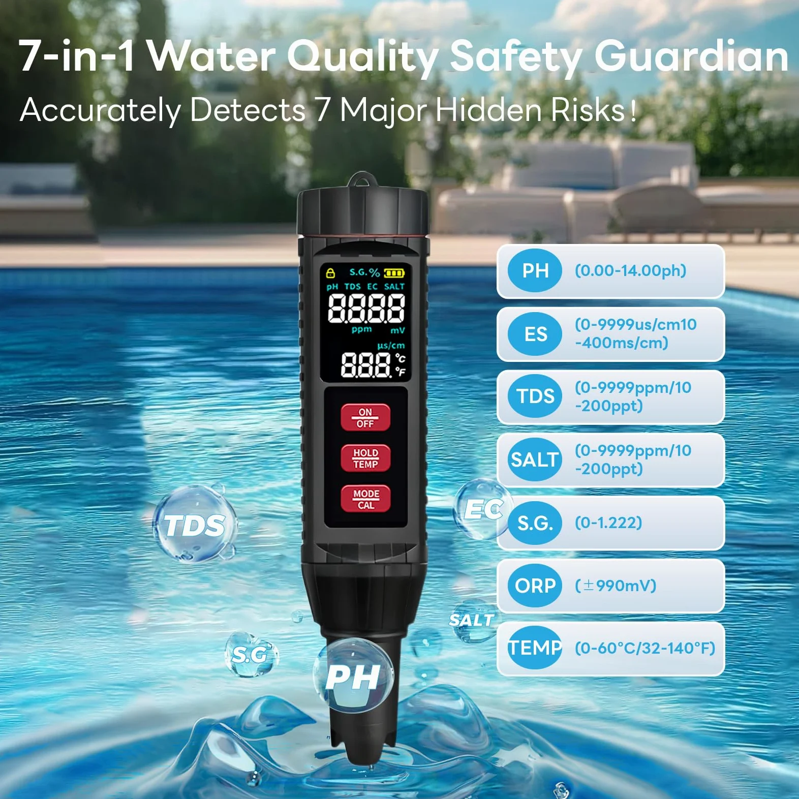 7 en 1 Testeur Ph Piscine Electronique,Ph Metre PH/Tds/Ec/ORP/S.G./SALT/TEMP,Testeur de Ph Ecran LCD & Compensation Automatique Température,Convient Piscines, Aquariums,Potable, Hydroponie
