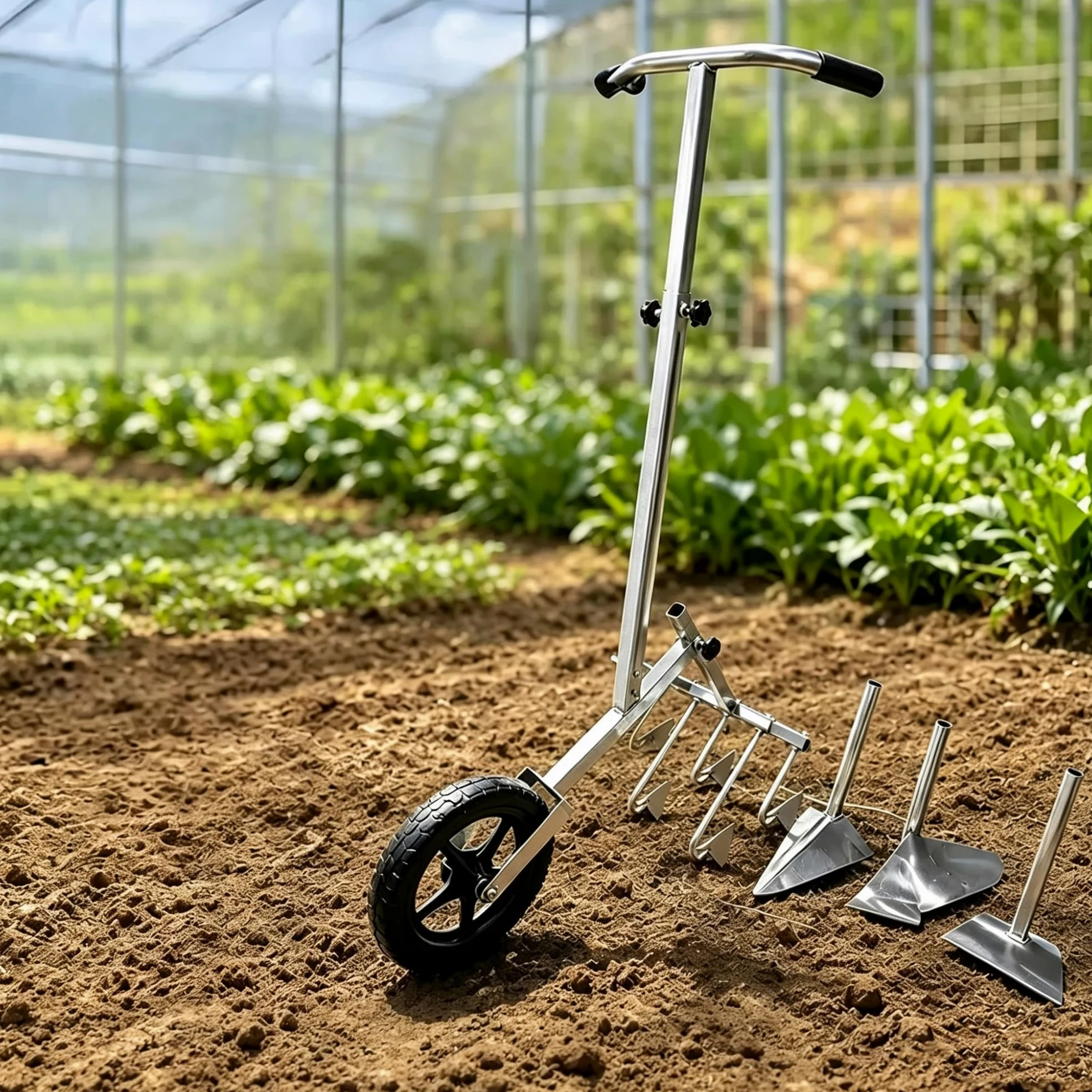 Cultivateur de Jardin Manuel 3 en 1, Outil de Jardinage à Roue | Charrue manuelle robuste, manche long réglable, cultivateur en acier galvanisé pour cour et jardin