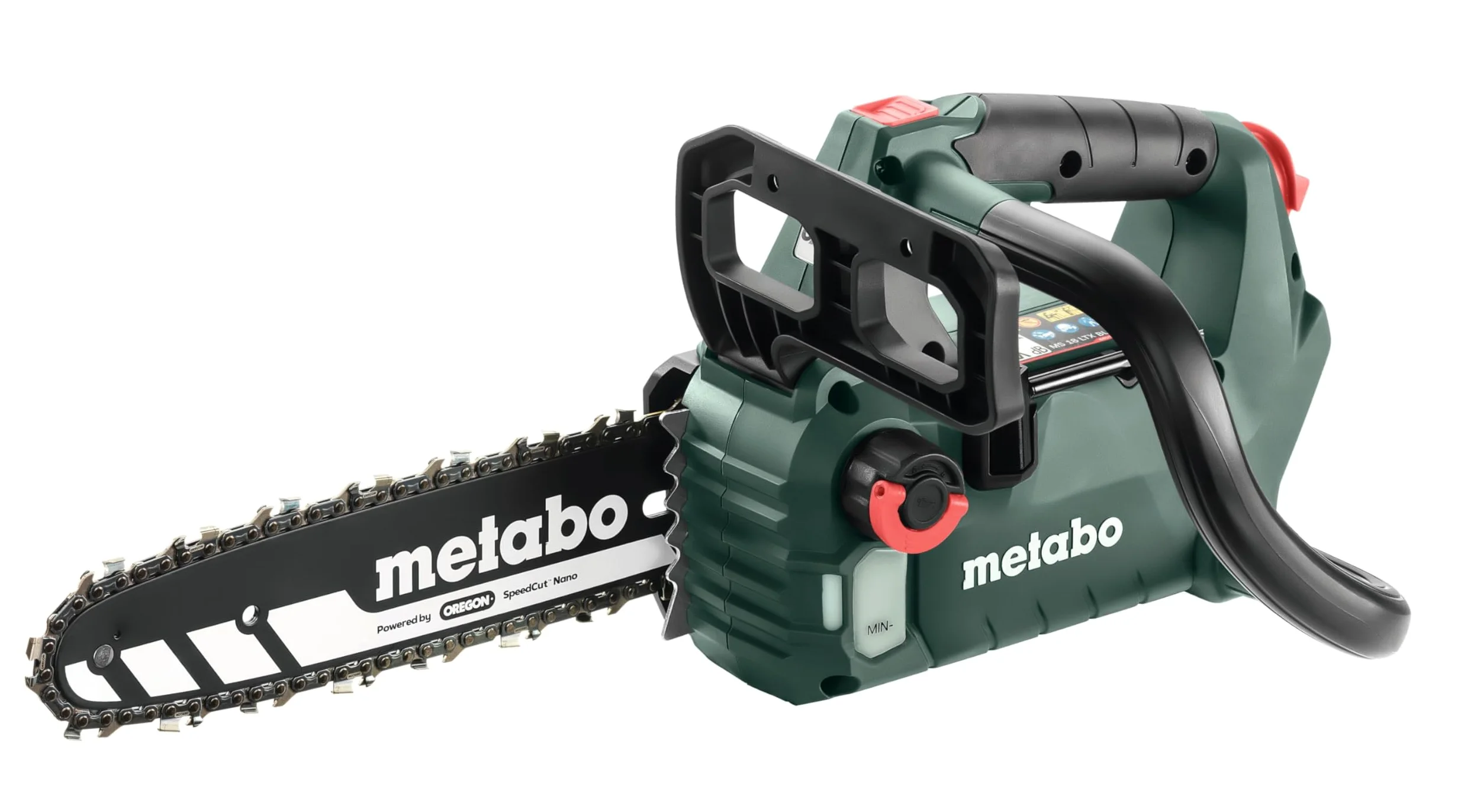 metabo Tronçonneuse sans fil MS 18 LTX BL 25-18 V, CAS, 25 cm, Oregon SpeedCut Nano - Brushless, interrupteur de sécurité, arrêt rapide de chaîne, tronçonneuse légère et compacte pour l'entretien des