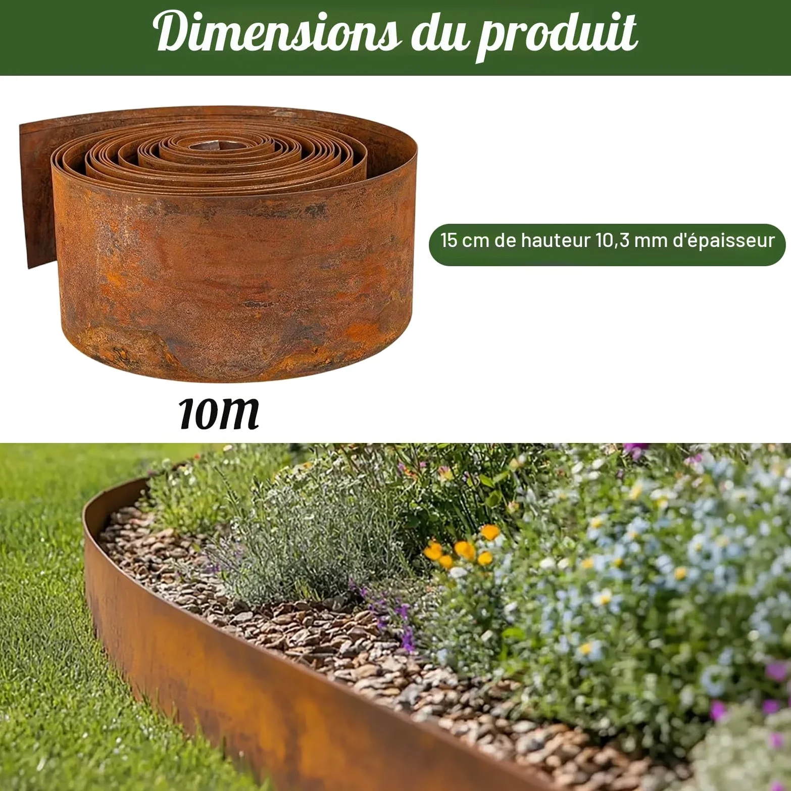 Bordure de pelouse en métal 10 m - Bordure de parterre avec aspect rouille - 15 cm de haut - Pour délimiter les parterres de fleurs, les chemins de jardin, les arbres, les jardins de gravier
