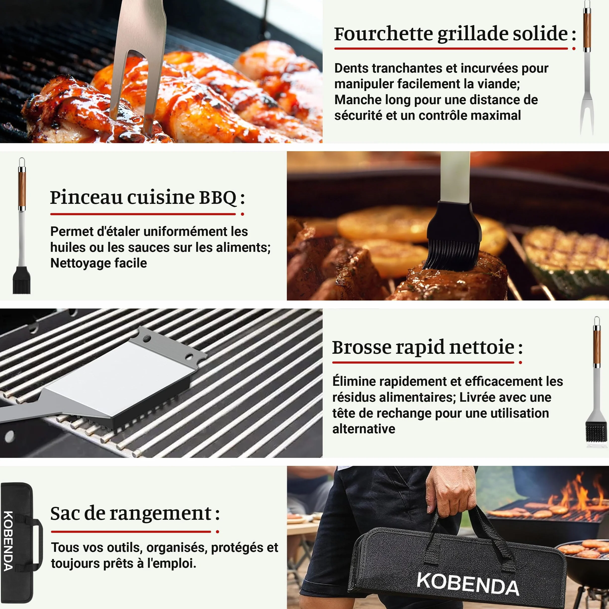 Kit Barbecue Complet 7 Pièces Acier Inoxydable avec Sac de Rangement