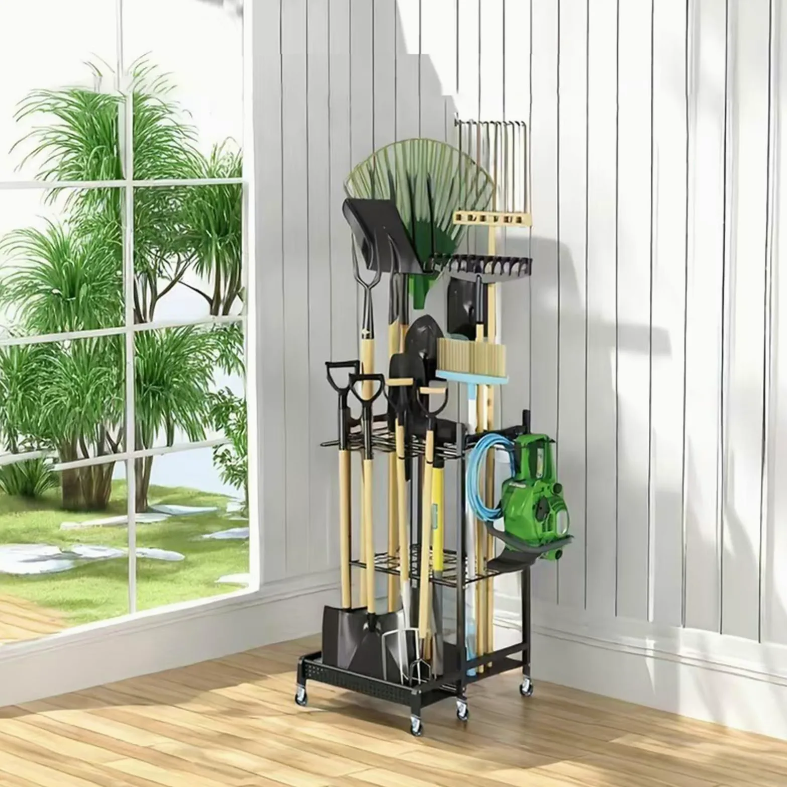 Porte-outils de jardin avec mouvement fluide, idéal pour ranger pelles, râteaux et accessoires de jardin, chariot à outils de jardin robuste