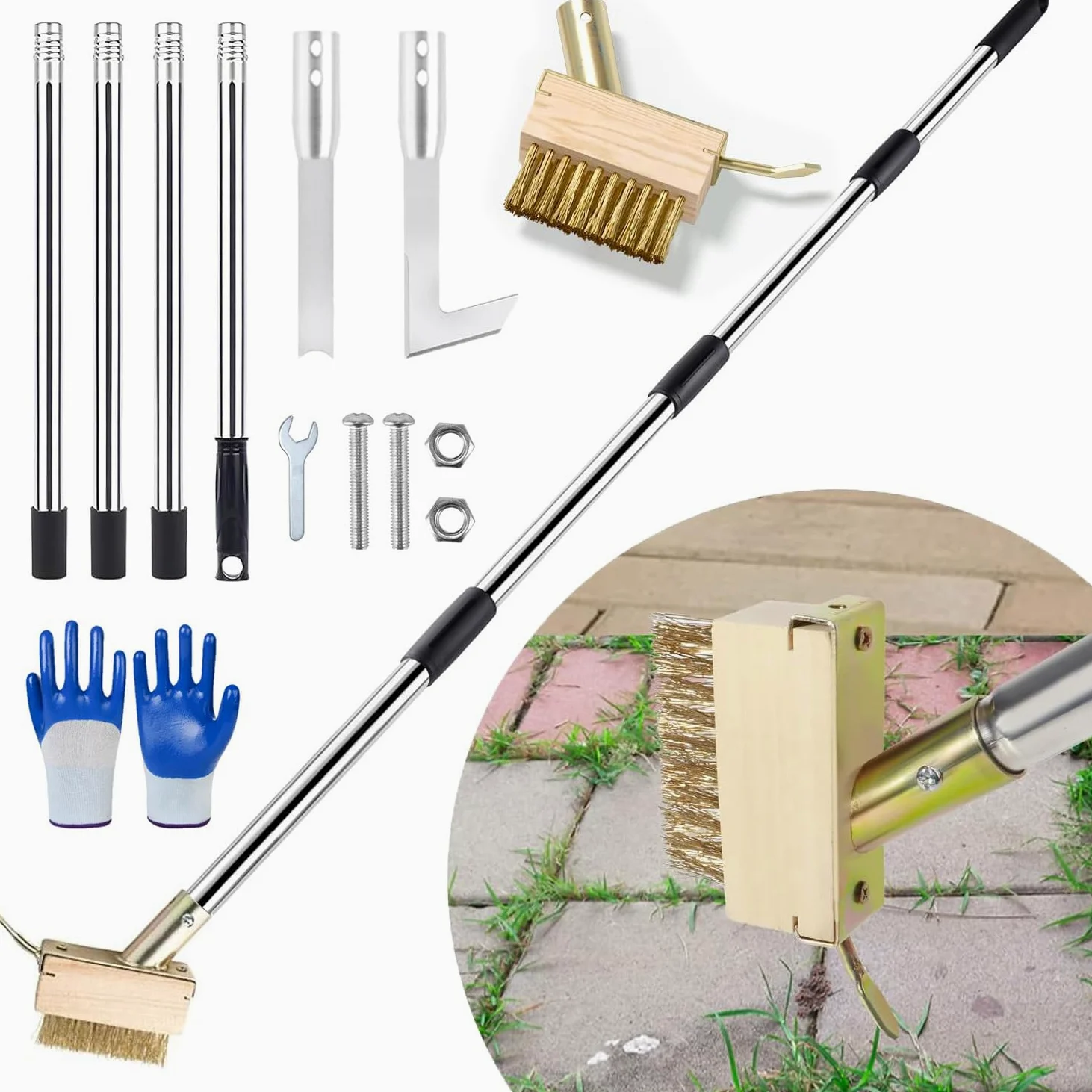 Outil de désherbage de terrasse de 152,4 cm avec long manche, grattoir et brosse métallique 3 en 1, outil de désherbage pour enlever les mauvaises herbes et la mousse, différents outils pour patio
