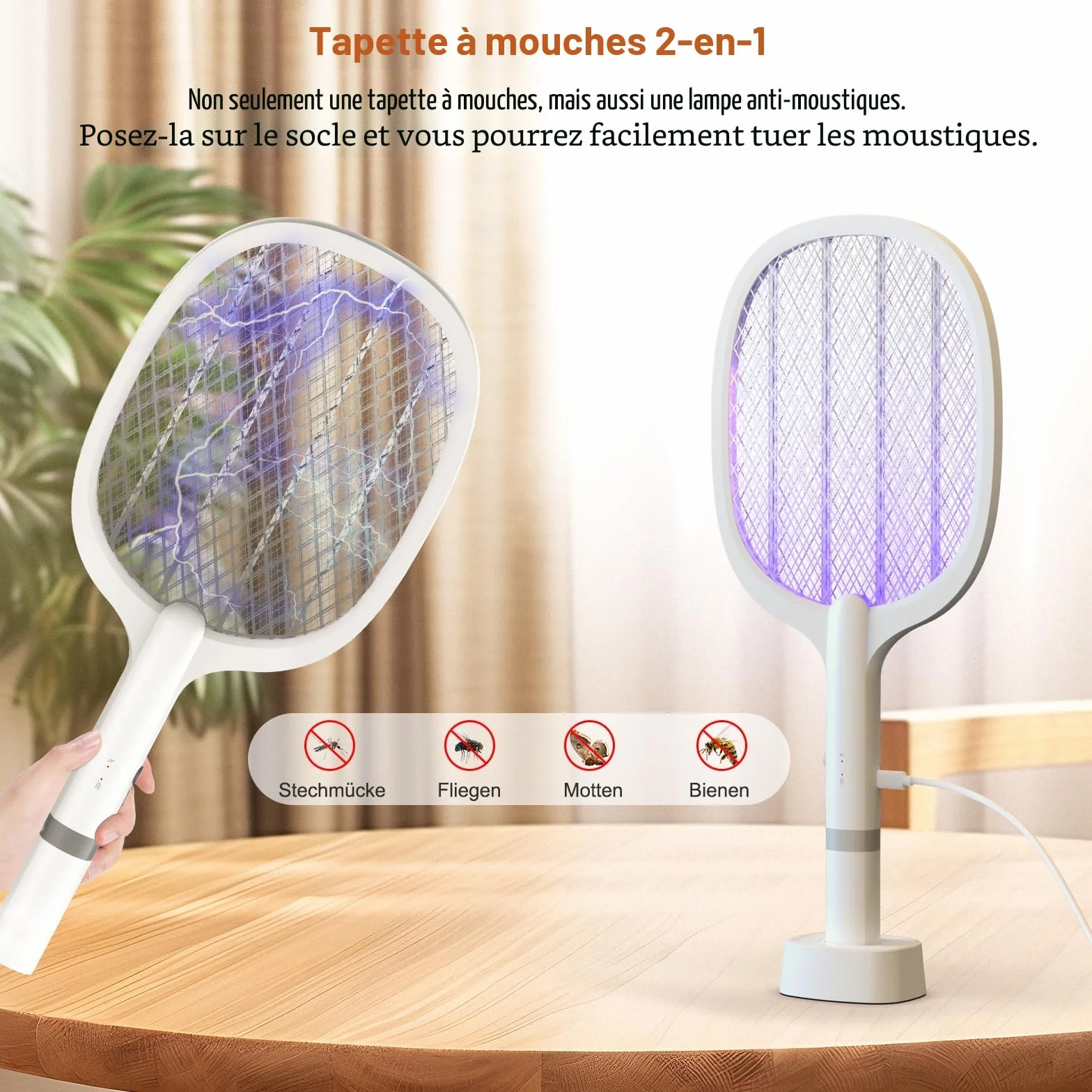 Raquette Electrique Insectes 5000V 2000 mAh Tapette à Mouches USB C 2 en 1 Anti-Moustiques