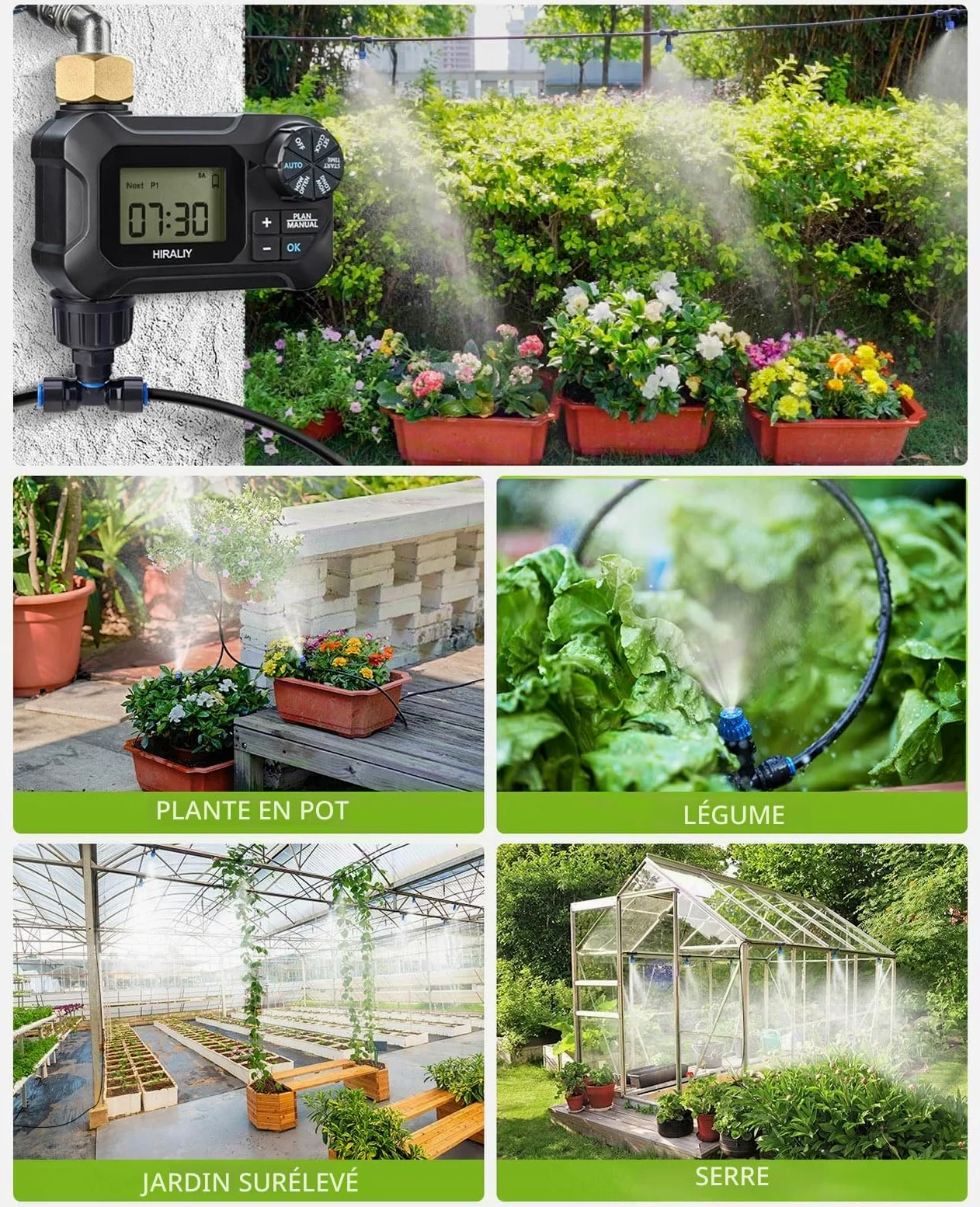 HIRALIY Kit d'irrigation goutte à goutte pour serre de 15,7 m avec minuterie de jardin, système d'arrosage pour plantes suspendues, avec tubes, buses de brumisation et minuterie d'eau, système