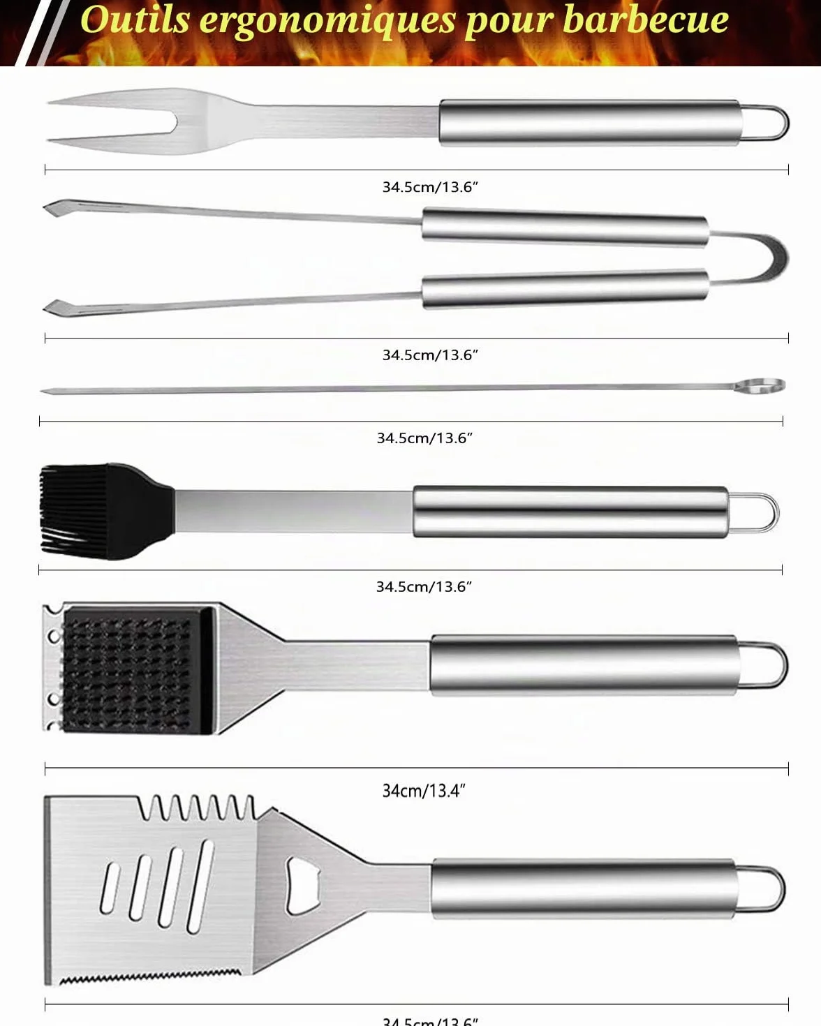 Lot de 10 ustensiles de Barbecue en Acier Inoxydable avec Sac de Transport