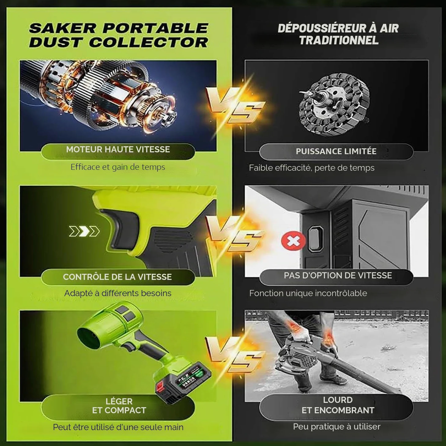 Seese Pro Souffleur Aspirateur Électrique sans Fil - Portable, 35000 RPM Ultra Puissant, 40 Minutes d'Autonomie, Léger pour Jardin, Cour, Feuilles, Pelouse (Green,2 Batterie)