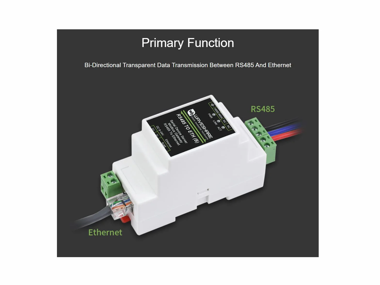Waveshare RS485 to RJ45 Ethernet Converter Module, Industrial Rail-Mount RS485 Serial Server, TCP/IP to Serial, 300-115200 Baud, 10/100M Auto-Negotiation