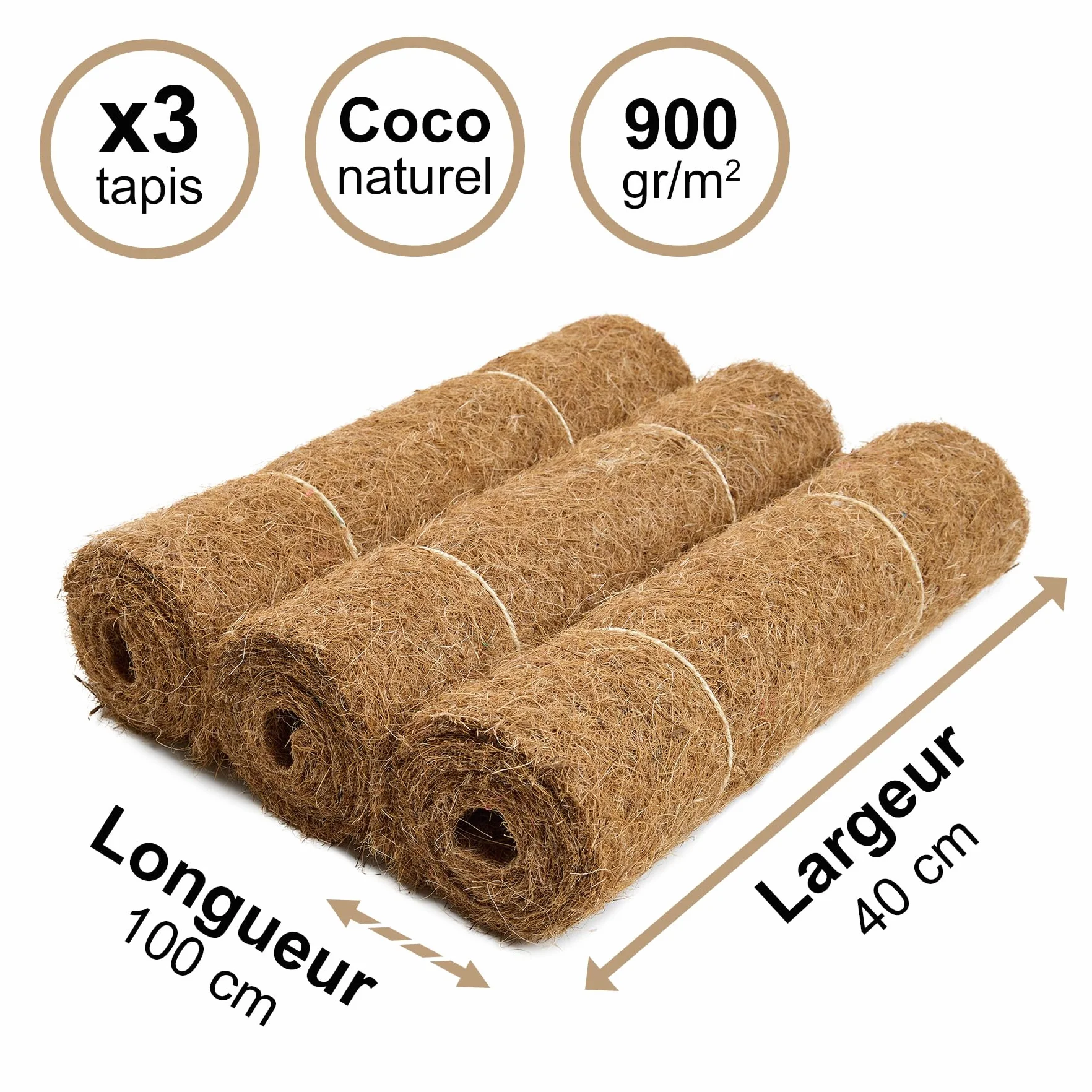 La Cordeline Lot 3 Tapis en Fibre de Coco Naturel 40x100 cm 900g/m² Marron