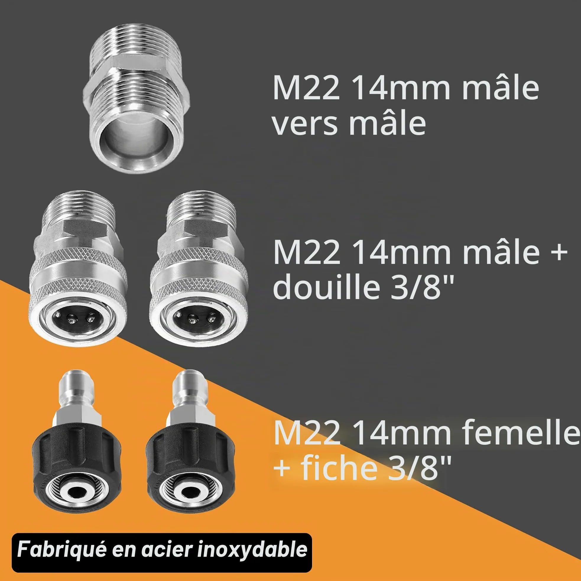 M MINGLE Tuyau Haute Pression 15 m x 1/4", M22 14mm en Acier Inoxydable | Flexible pour Nettoyeur Haute Pression, Raccord Rapide 3/8", Anti-Vrille, Idéal pour Nettoyage de Voiture et Allée, 250 bar