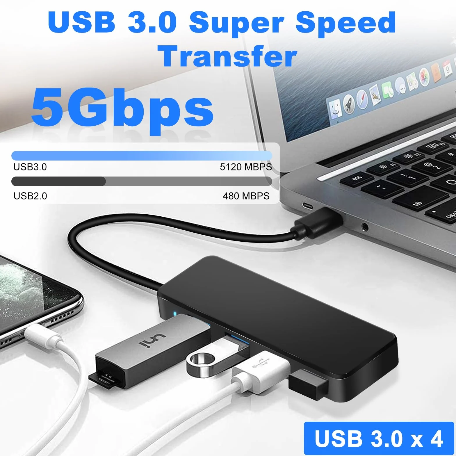 Hub USB 3.0 4 Ports Multiprise Ultra Fin 5 Gbps Adaptateur Multi USB pour MacBook Pro/Air iMac Surface Pro XPS PC