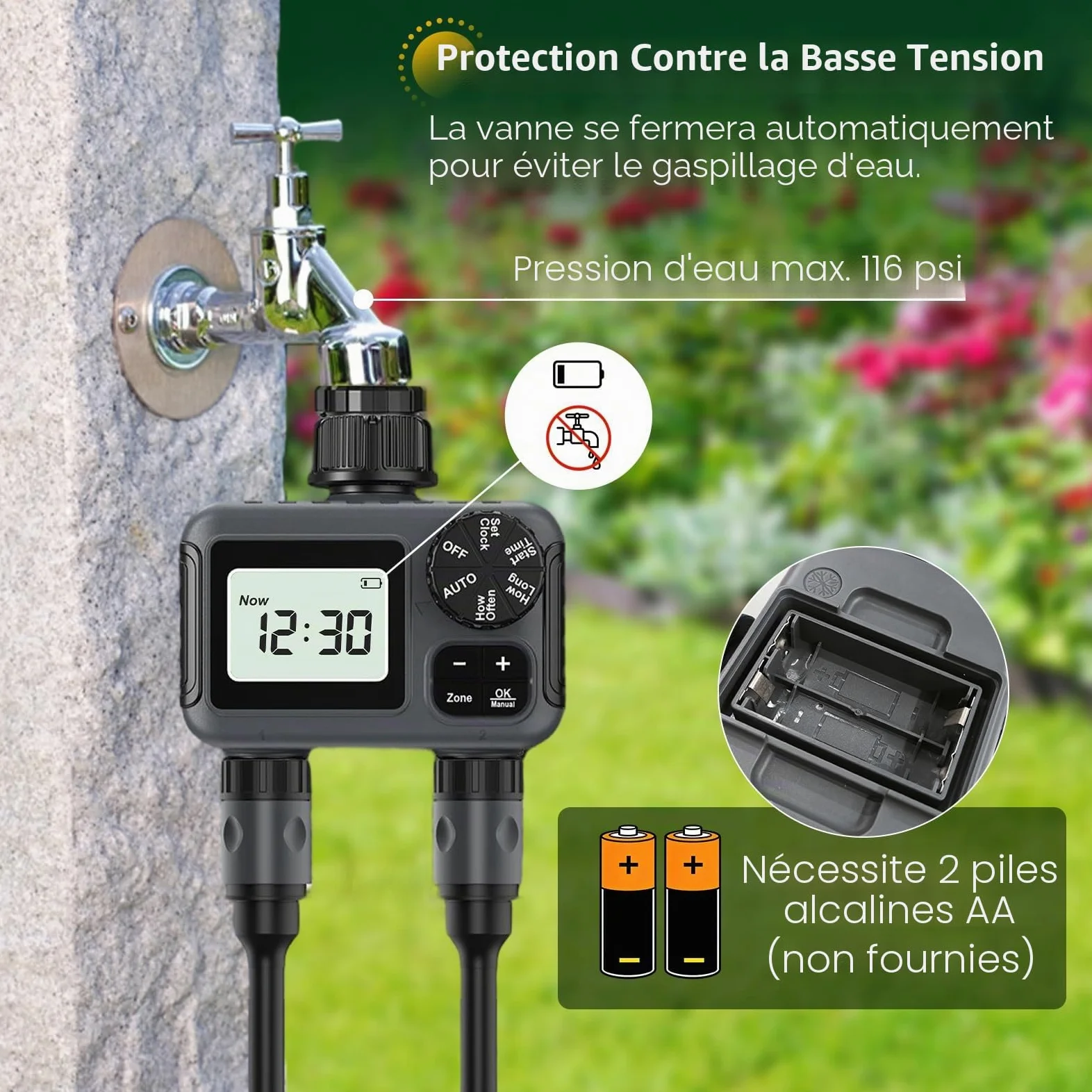 Ordinateur D'arrosage 2 Voies, Minuterie D'eau 2 Sorties avec Retard de Pluie/Mode Automatique et Manuel, IPX5 Étanche Programmateur Arrosage Connecté Minuterie D'irrigation pour Jardin Pelouse