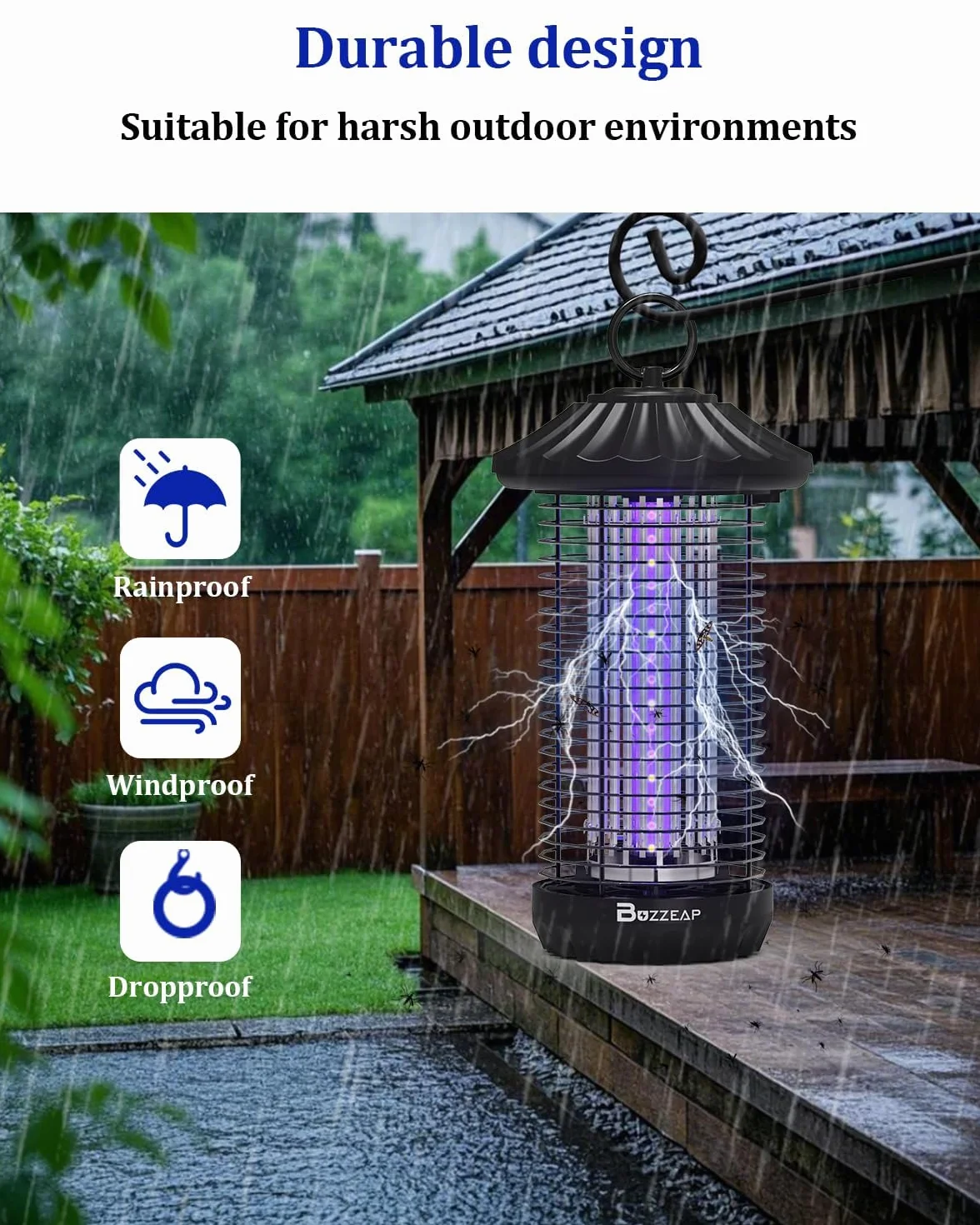 Lampe Anti Moustique 3800V UV Tue Mouche Électrique IPX4 Tueur d'Insectes Portée 150-200 m² Intérieur Extérieur