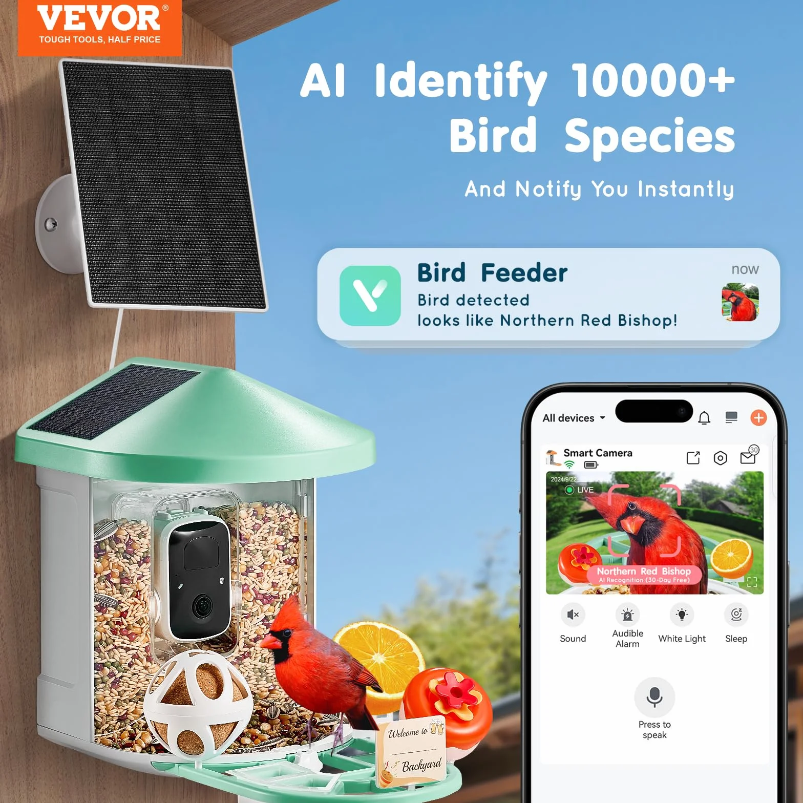 VEVOR Mangeoire Oiseaux Caméra Intelligente 2K HD AI Identifie 10000 Espèces 3 Panneaux Solaires Capture Auto Notification Extérieure Vert