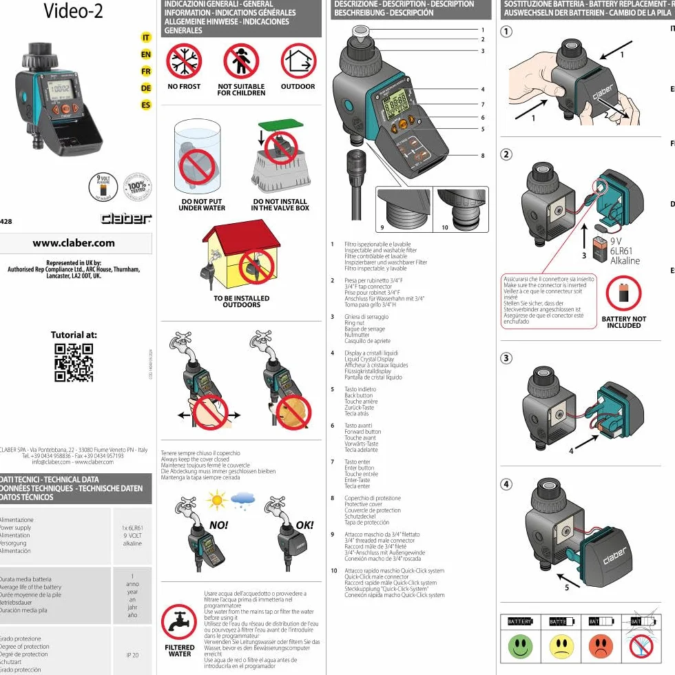 Claber Aquauno Video-2 programmateur arrosage automatique une voie