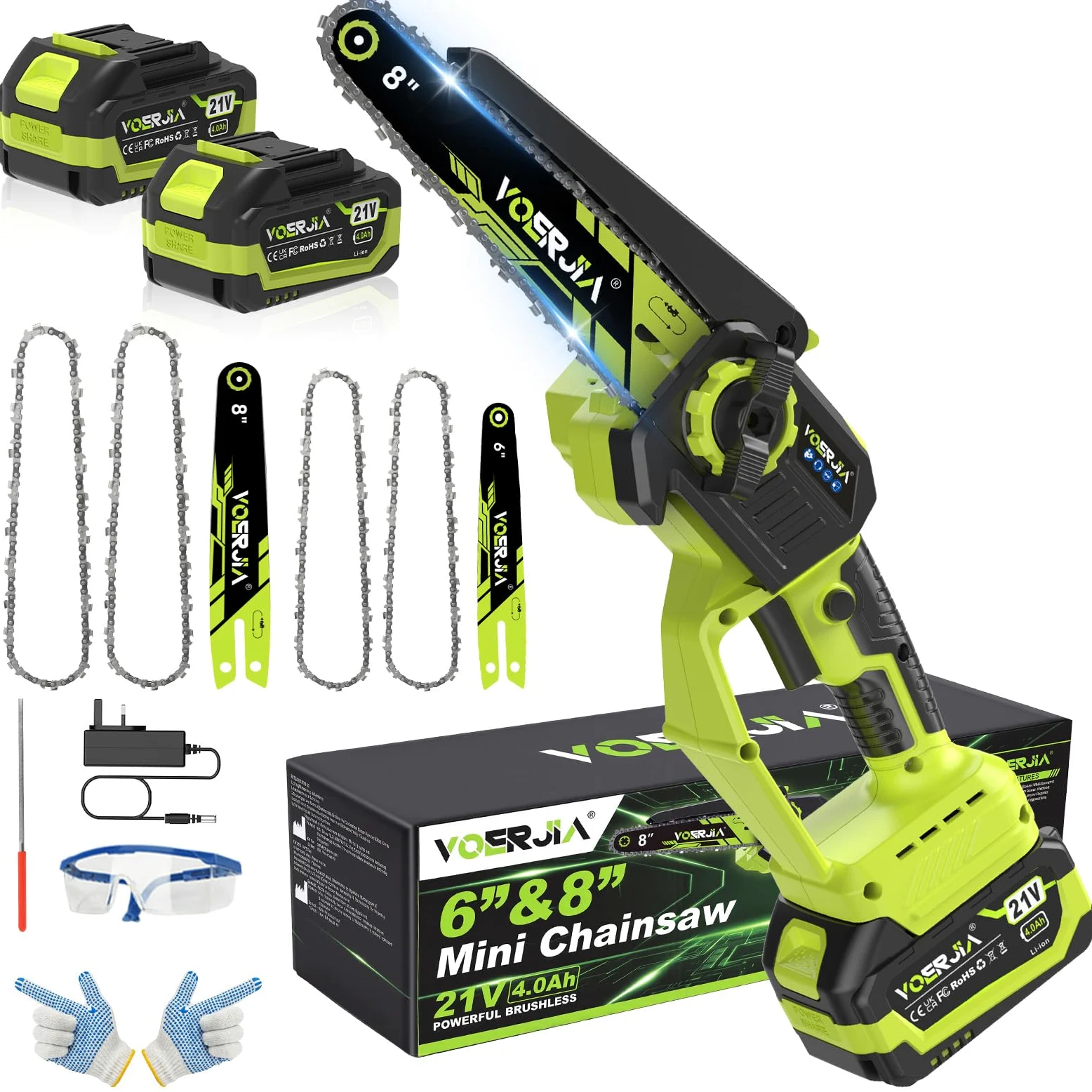 VOERJIA Mini Tronçonneuse à Batterie 21V avec Moteur Brushless et Lubrification Automatique, Élagueuse Électrique sans Fil 6 et 8 Pouces, 2 x 4.0Ah Batteries (LCD), pour Élagage, Jardinage