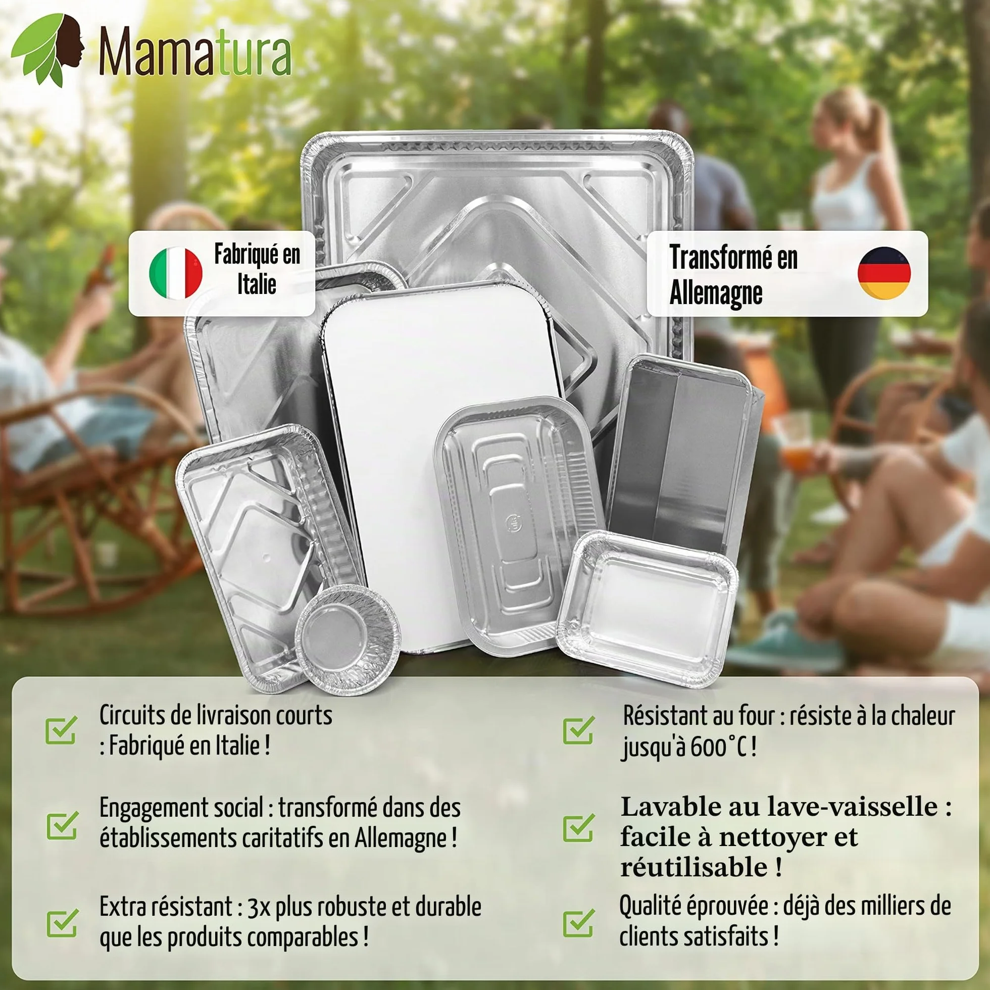 Mamatura Lot de 25 coupelles XL en aluminium avec couvercles 32 x 22 cm 2100 ml
