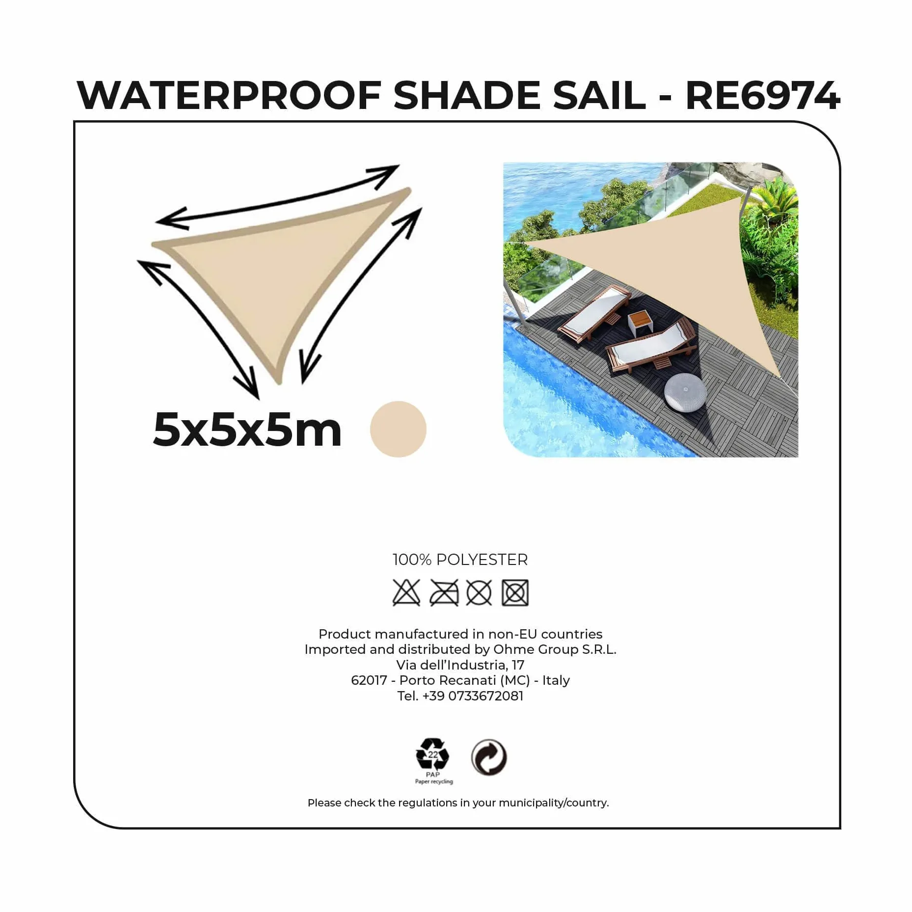 Rebecca Mobili Voile d'Ombre Triangulaire, Toile d'Ombrage Imperméable, Blanc Crème, Polyester, avec Anneaux et Cordes, pour Jardin Terrasse - Dimensions : 5x5x5 m - Art. RE6974