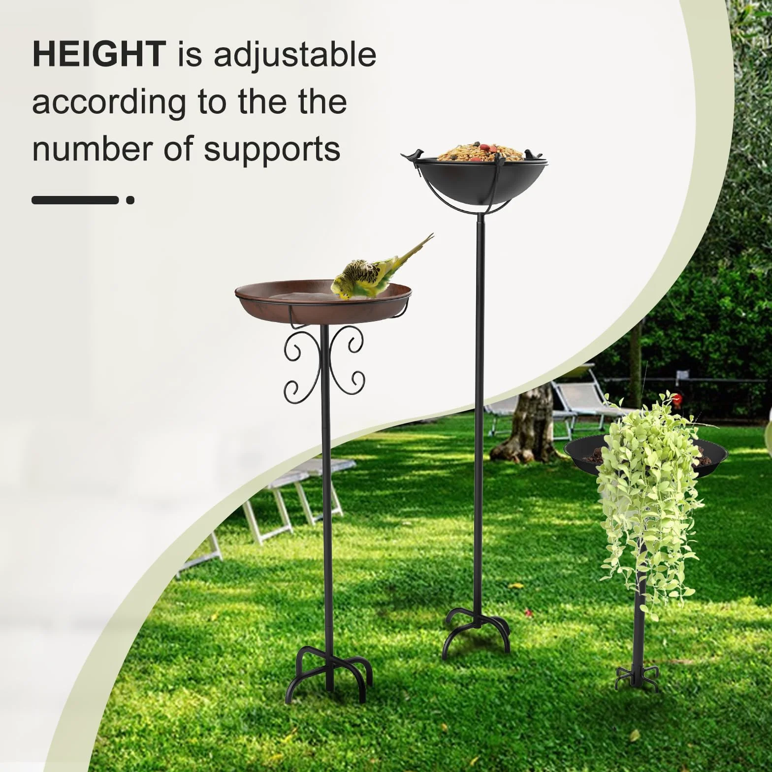 Bain Oiseaux sur Pied en Métal 26x109 cm Abreuvoir Oiseaux Exterieur Mangeoire Plateau Réglable Hauteur Jardin Balcon Bronze