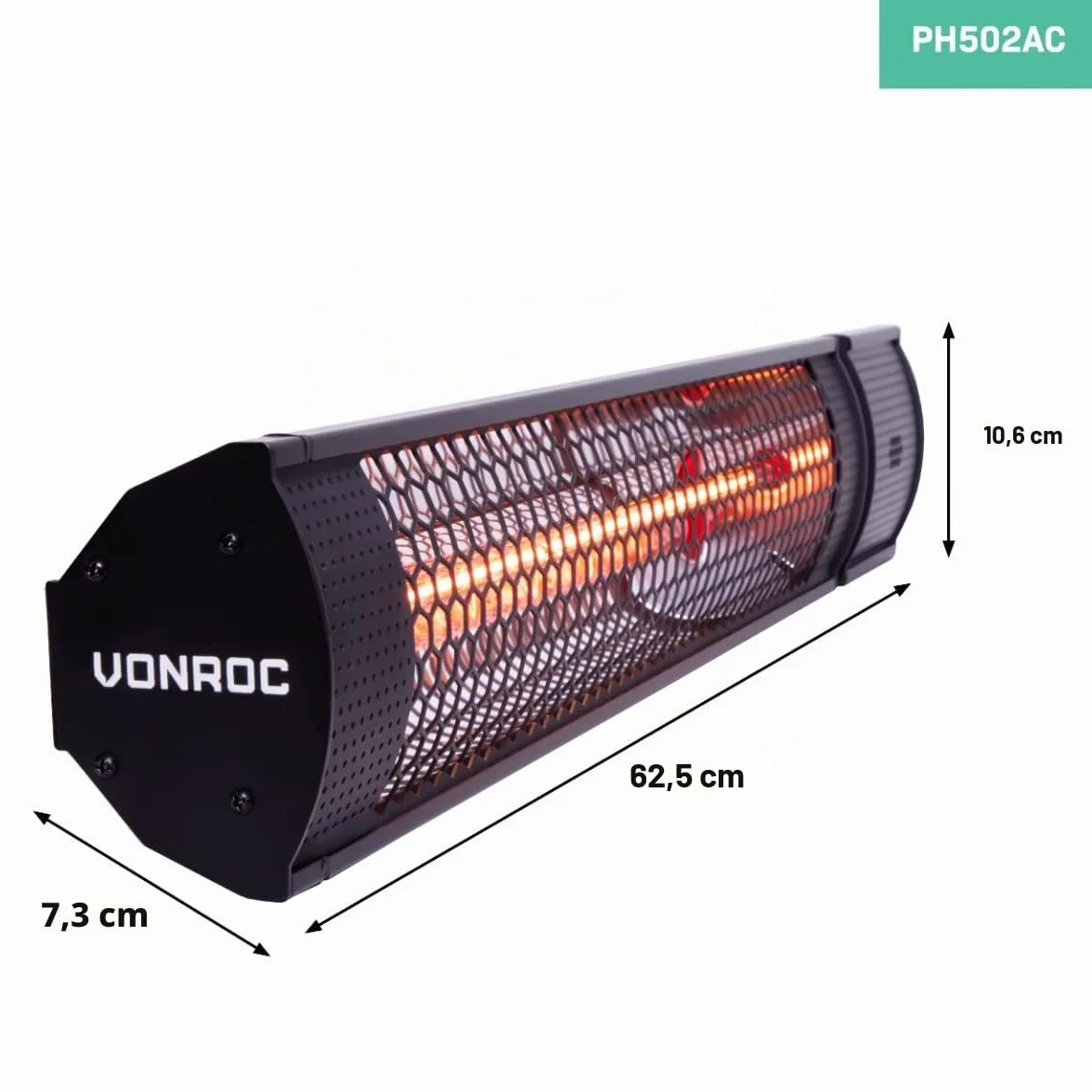 Vonroc Marsili Chauffage Terrasse Extérieur 2000W IP65 Aluminium Noir Mat