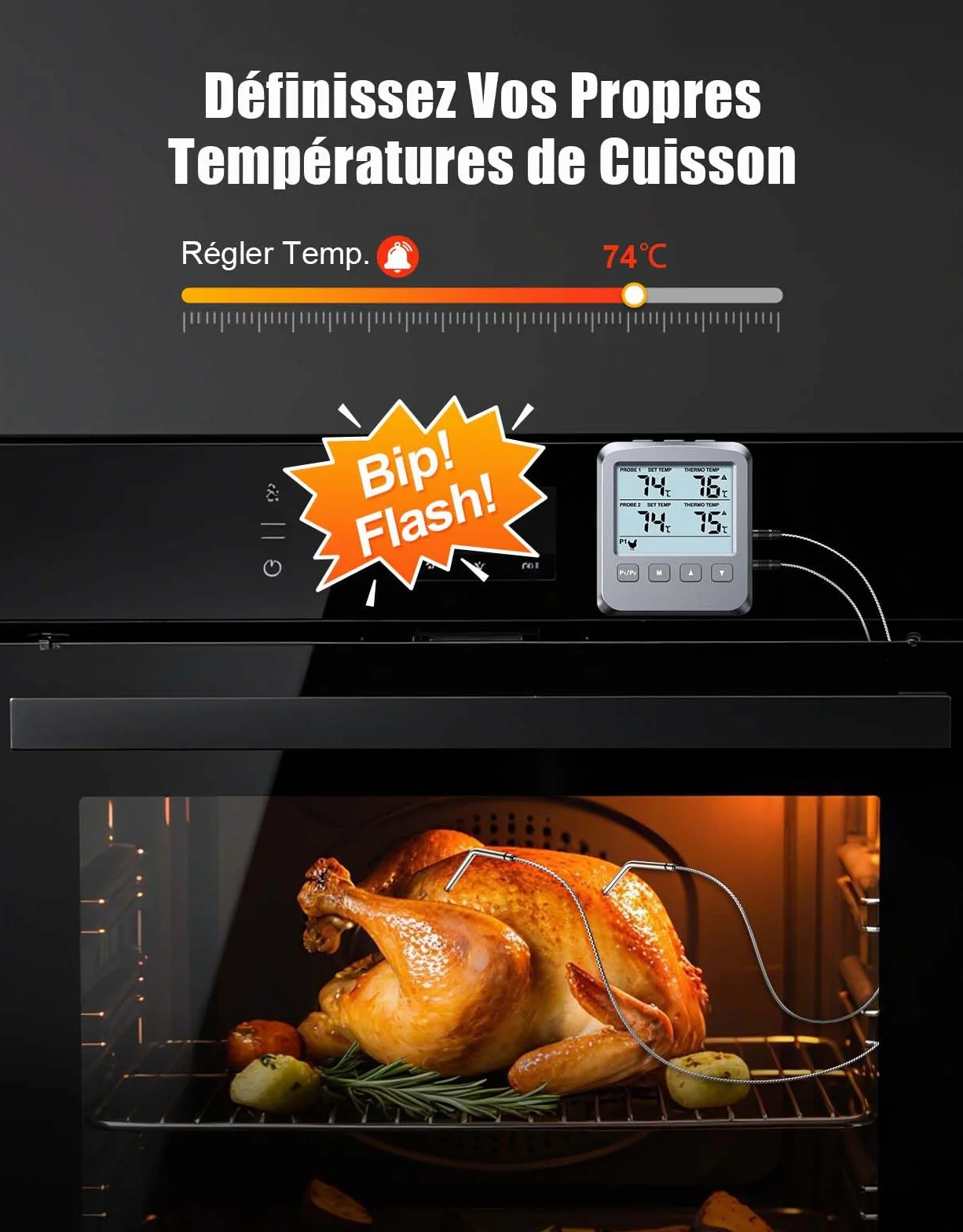 Thermomètre Cuisine Numérique Double Sonde avec Grand Écran LCD, Alarme et Lecture Rapide