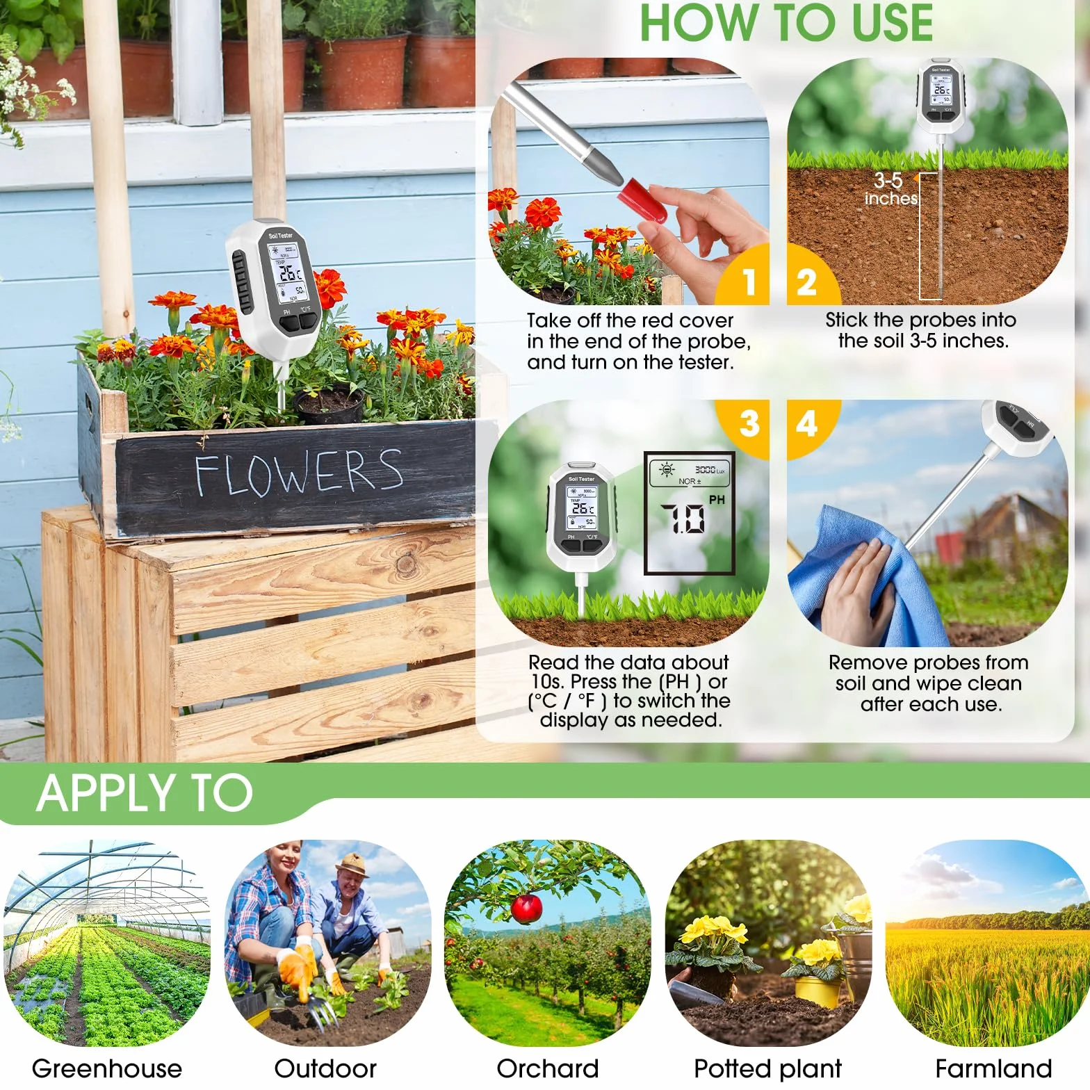 YAMRON Humidimètre 4 en 1 pour plantes, température numérique du sol, humidité du sol, pH, intensité de la lumière du soleil, affichage LCD, testeur de sol pour