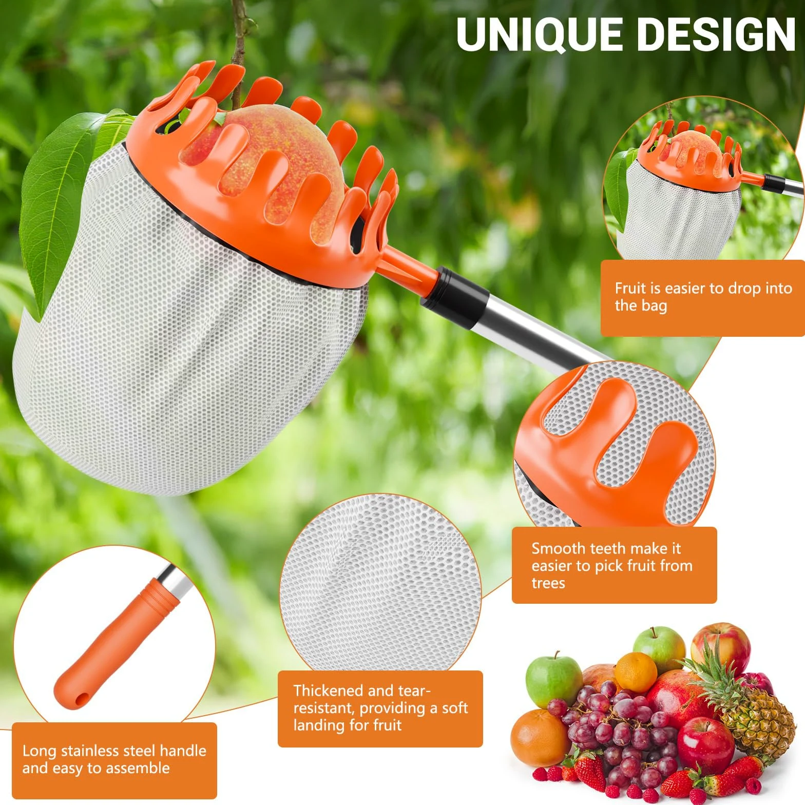 Cueilleuse à pommes de 4,2 m avec manche télescopique et sac de collecte de fruits, diamètre 16 cm, cueilleuse à prunes, cueilleuse à pommes pour atteindre les endroits inaccessibles dans les