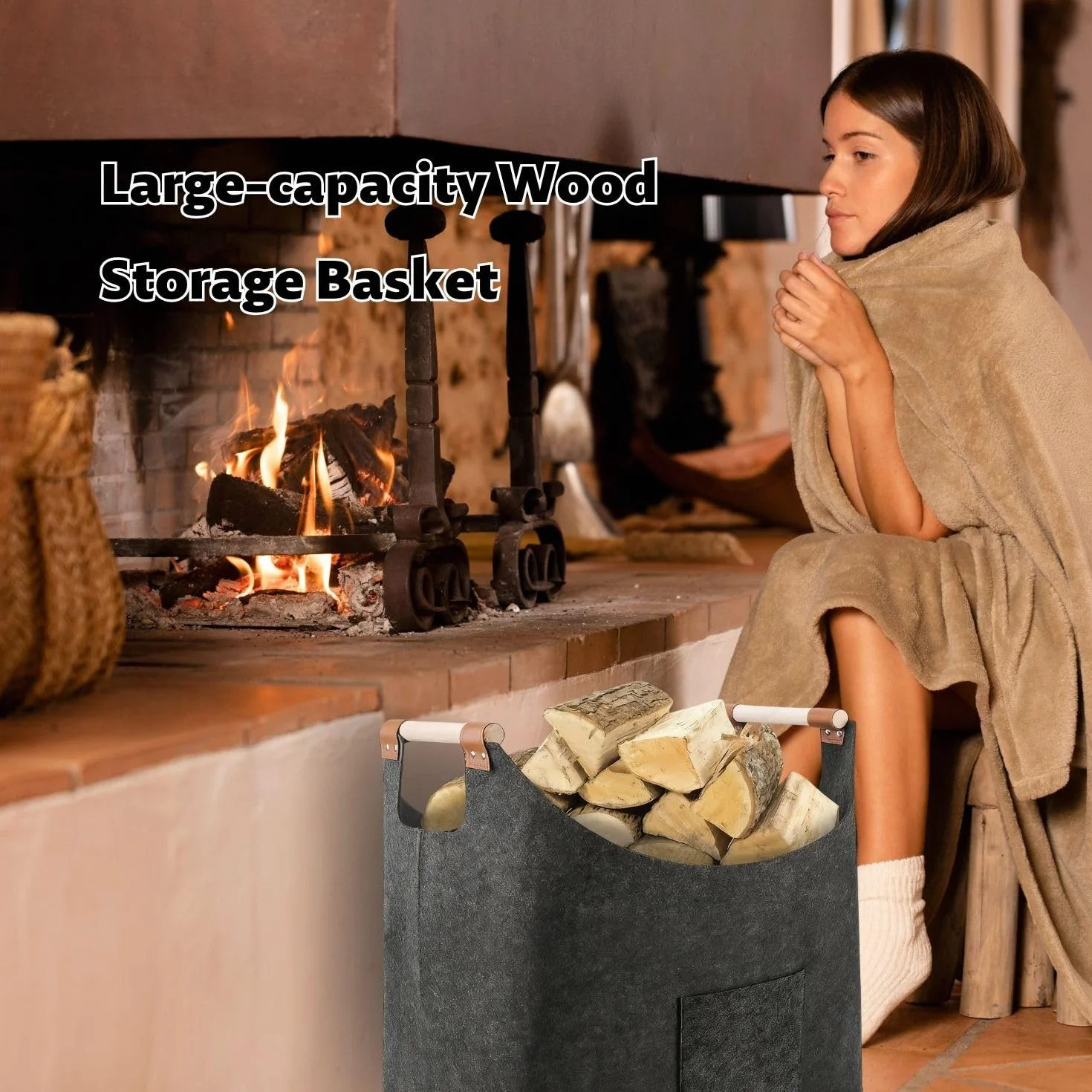 Panier à Bois en Feutre Pliable Gris Foncé avec Poche, Grand pour Intérieur Journaux et Jouets
