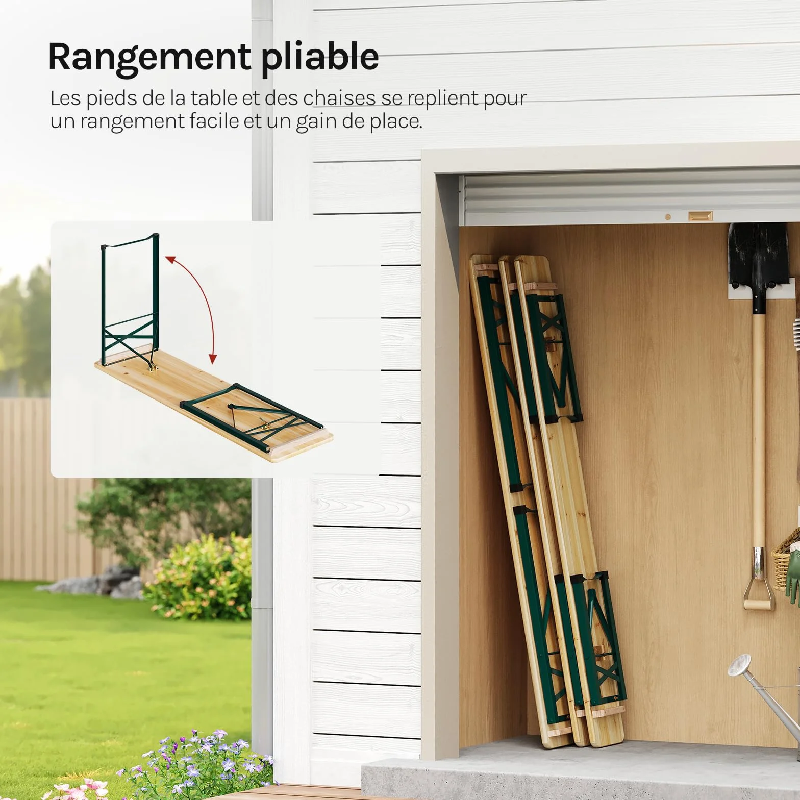 WOLTU Ensemble de Table et Banc de Brasserie 3 Pièces Table Pliante Extérieure avec 2 Bancs Pliables en Bois et Métal