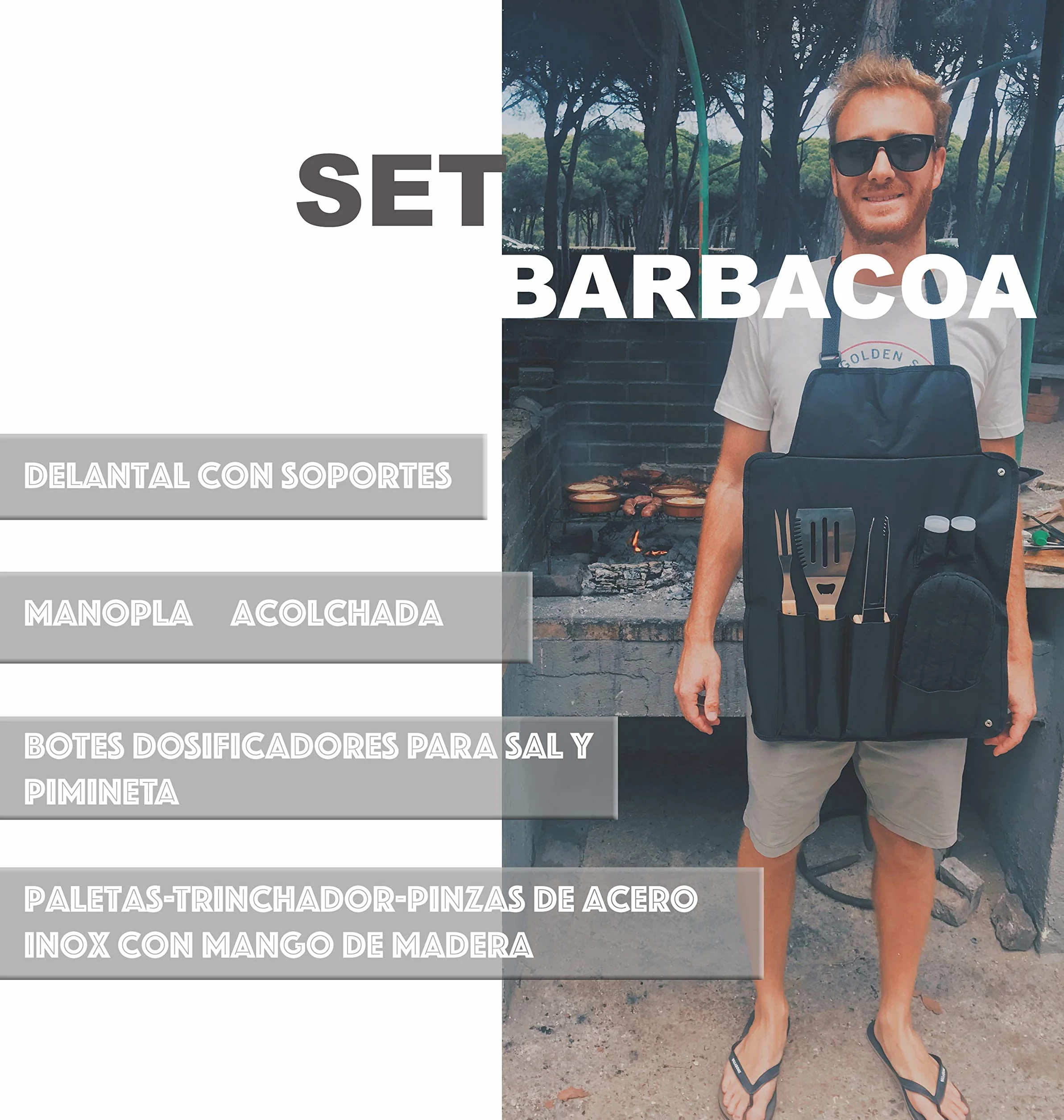 Set Barbecue Professionnel 7 Ustensiles Acier Inoxydable Kit Accessoires Grille Gant Matelassé Noir
