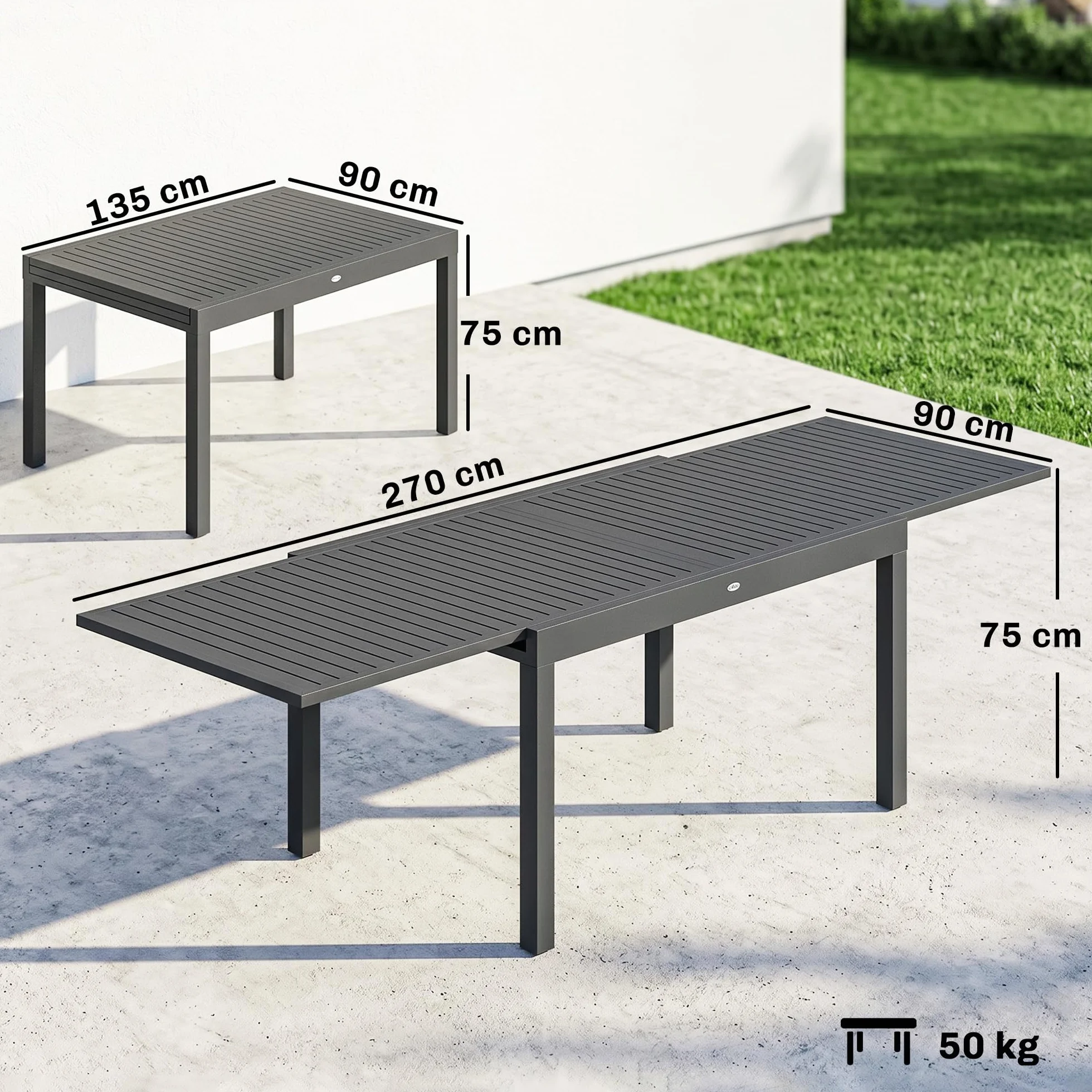 Outsunny Table de Jardin Extensible Aluminium 135-270cm 6-10 Personnes Gris Anthracite