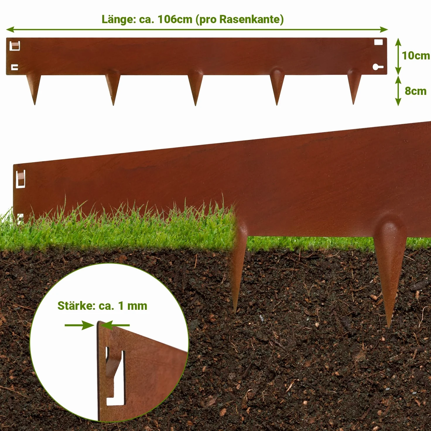 Bordure de pelouse avec épines, bordure de pelouse en métal 106 x 18 cm - Bordure de parterre flexible résistante aux intempéries - Corten rouille (longueur 45 m, hauteur 15 cm)
